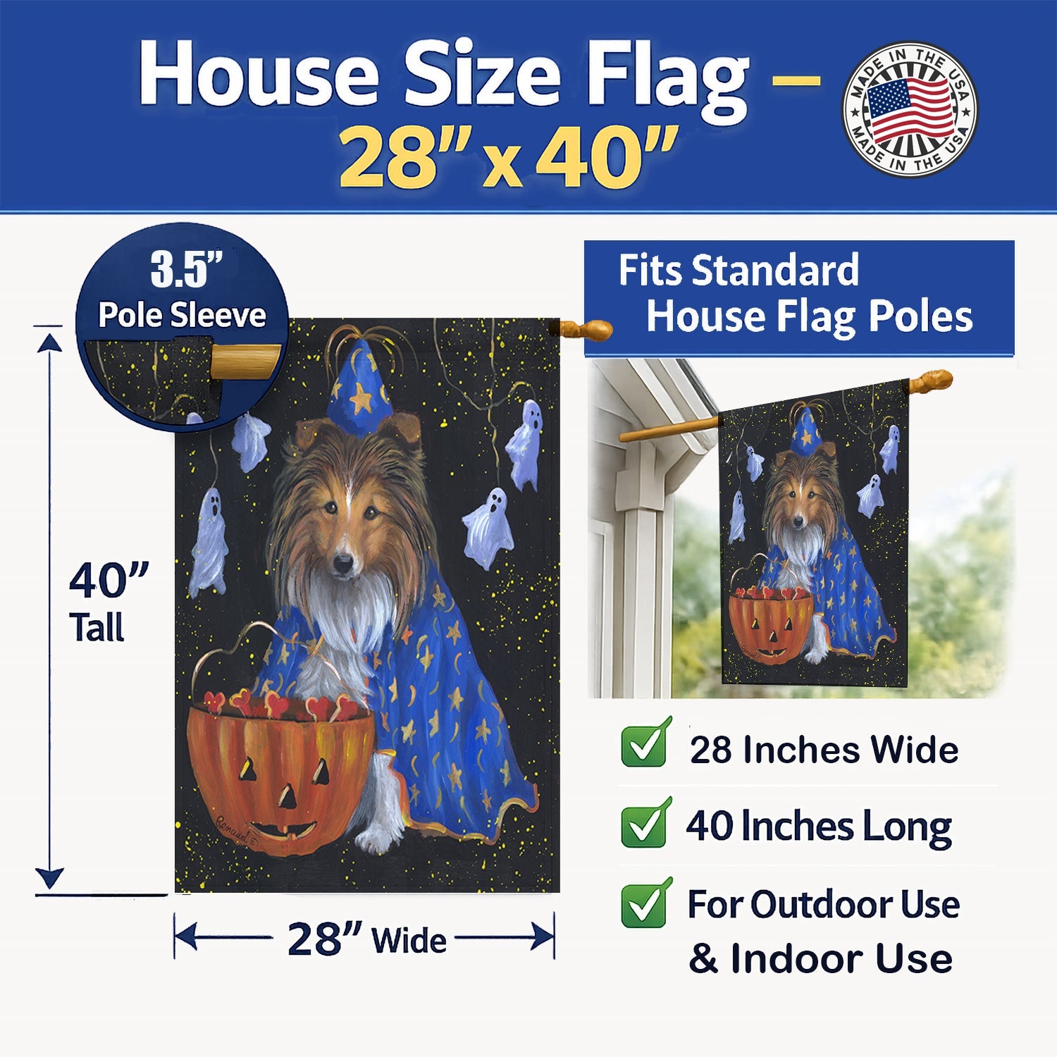 Sheltie Halloween Witch House Flag 28x40 Porch Sleeve Pole Decorative Outside Yard Banner Artwork Wall Hanging, Polyester