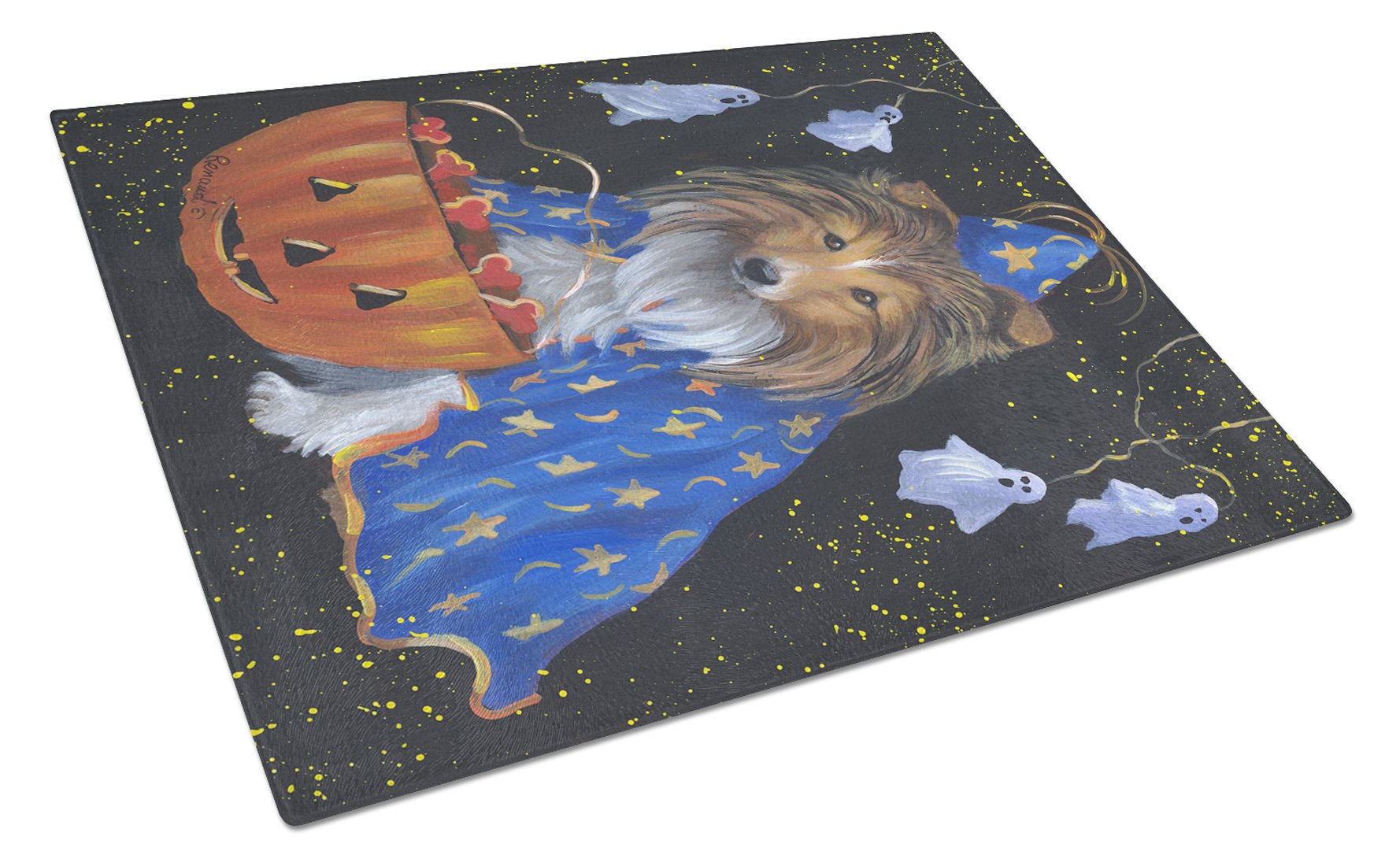 Sheltie Halloween Witch Cutting Board Tempered Glass Kitchen Cutting Surface, Heat Resistant Chopping, Non-Slip Feet, Food Prep & Serving