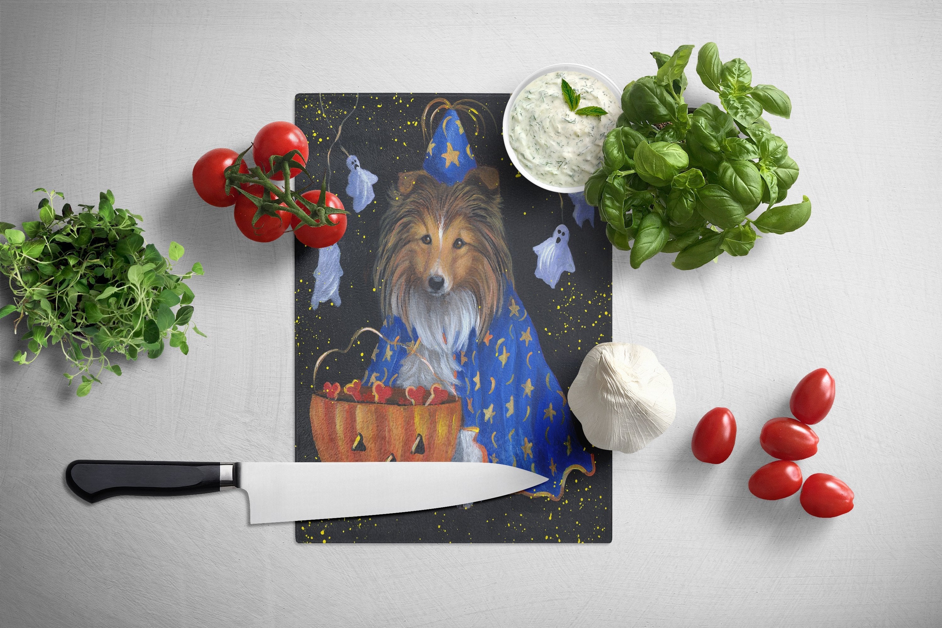 Sheltie Halloween Witch Cutting Board Tempered Glass Kitchen Cutting Surface, Heat Resistant Chopping, Non-Slip Feet, Food Prep & Serving