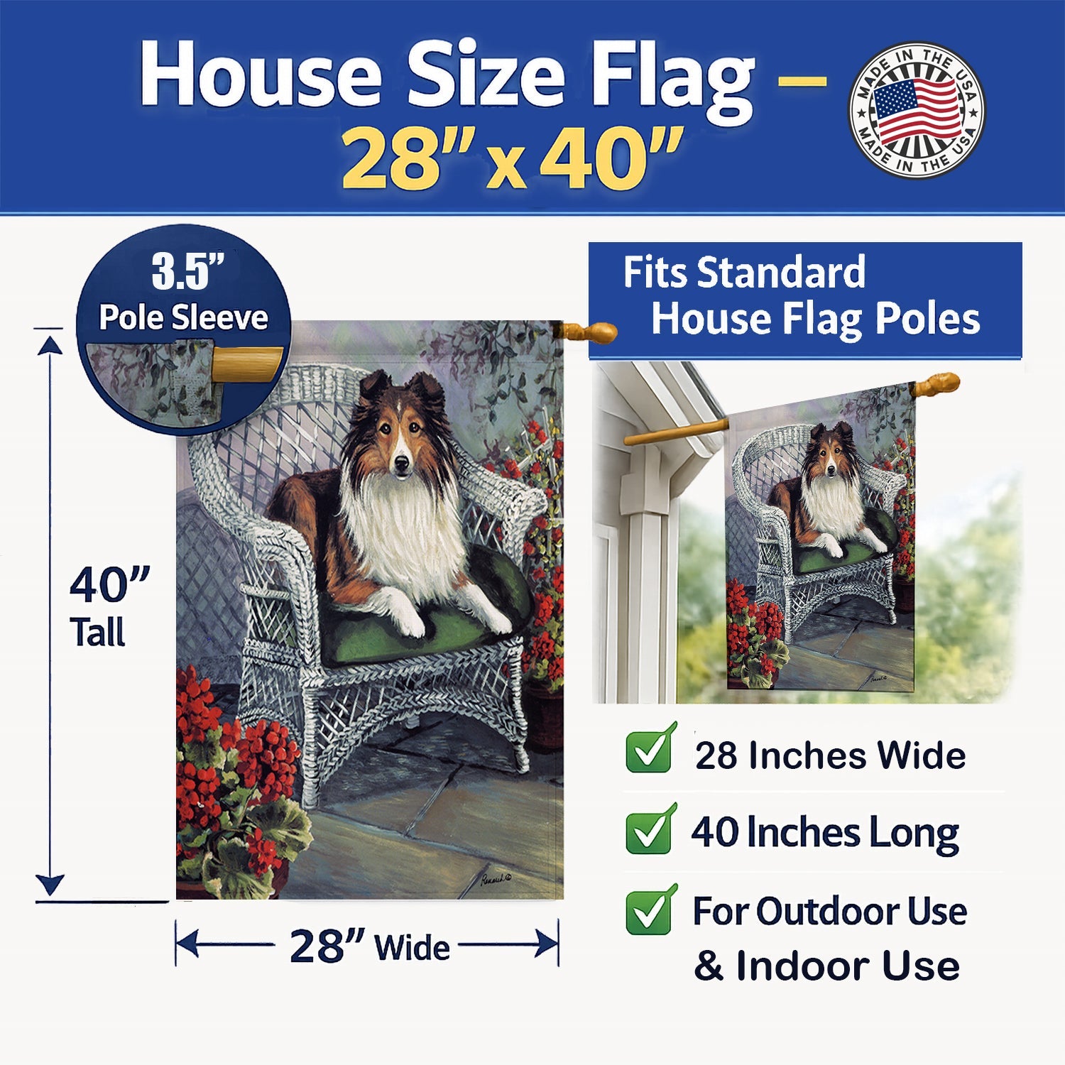 Sheltie Patio Jewel House Flag 28x40 Porch Sleeve Pole Decorative Outside Yard Banner Artwork Wall Hanging, Polyester