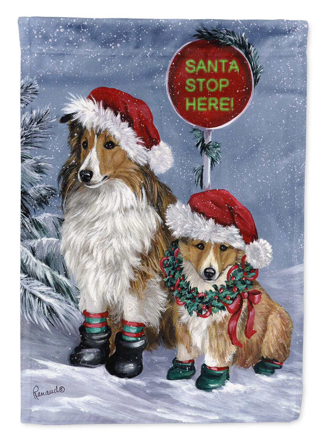 Sheltie Christmas Santa Stop House Flag 28x40 Porch Sleeve Pole Decorative Outside Yard Banner Artwork Wall Hanging, Polyester