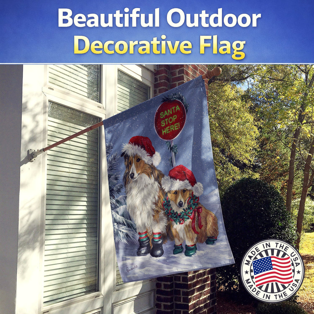 Sheltie Christmas Santa Stop House Flag 28x40 Porch Sleeve Pole Decorative Outside Yard Banner Artwork Wall Hanging, Polyester
