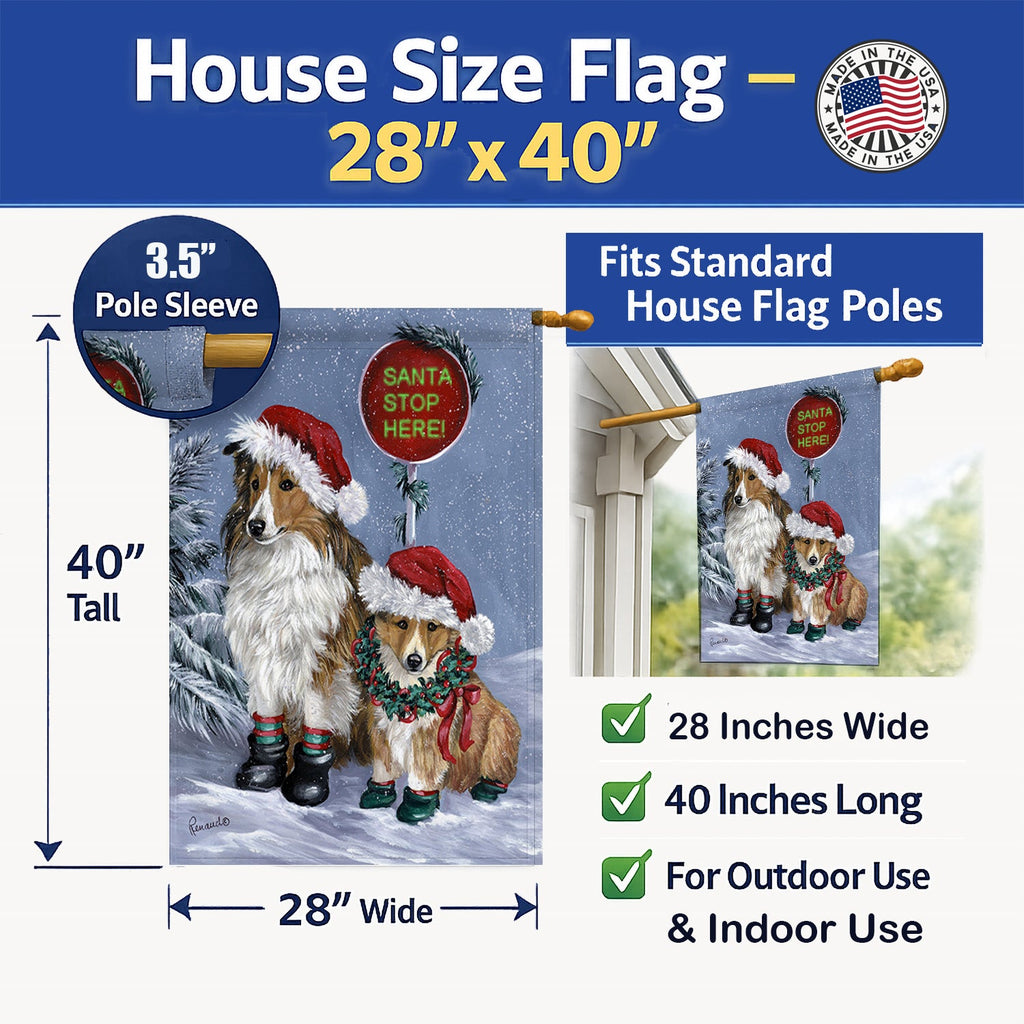 Sheltie Christmas Santa Stop House Flag 28x40 Porch Sleeve Pole Decorative Outside Yard Banner Artwork Wall Hanging, Polyester