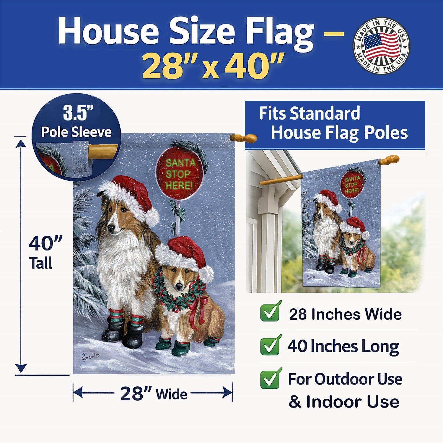 Sheltie Christmas Santa Stop House Flag 28x40 Porch Sleeve Pole Decorative Outside Yard Banner Artwork Wall Hanging, Polyester