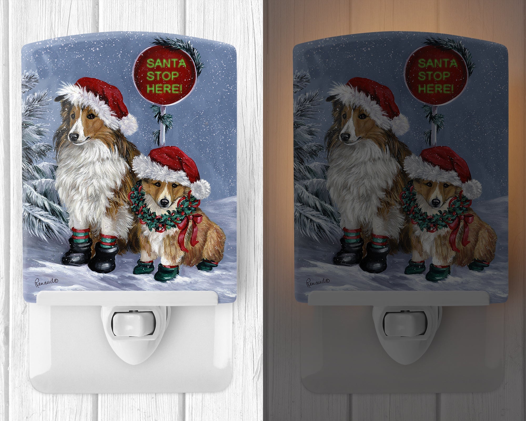Sheltie Christmas Santa Stop Ceramic Night Light Compact, UL-Certified, Ideal for Bedroom, Bathroom, Nursery, Hallway, Kitchen, 6x4x3, Multicolor