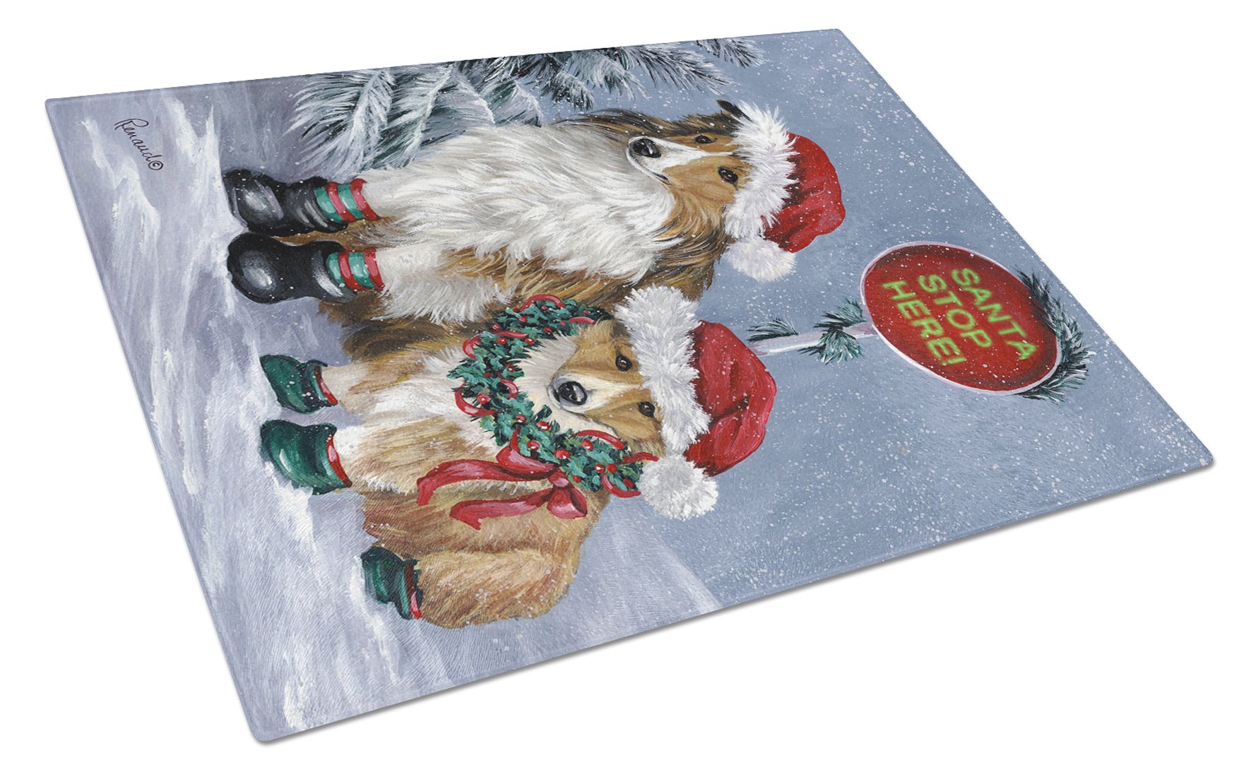 Sheltie Christmas Santa Stop Cutting Board Tempered Glass Kitchen Cutting Surface, Heat Resistant Chopping, Non-Slip Feet, Food Prep & Serving