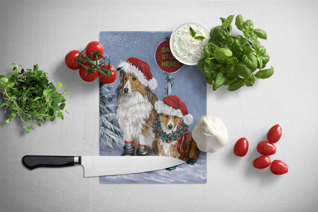 Sheltie Christmas Santa Stop Cutting Board Tempered Glass Kitchen Cutting Surface, Heat Resistant Chopping, Non-Slip Feet, Food Prep & Serving