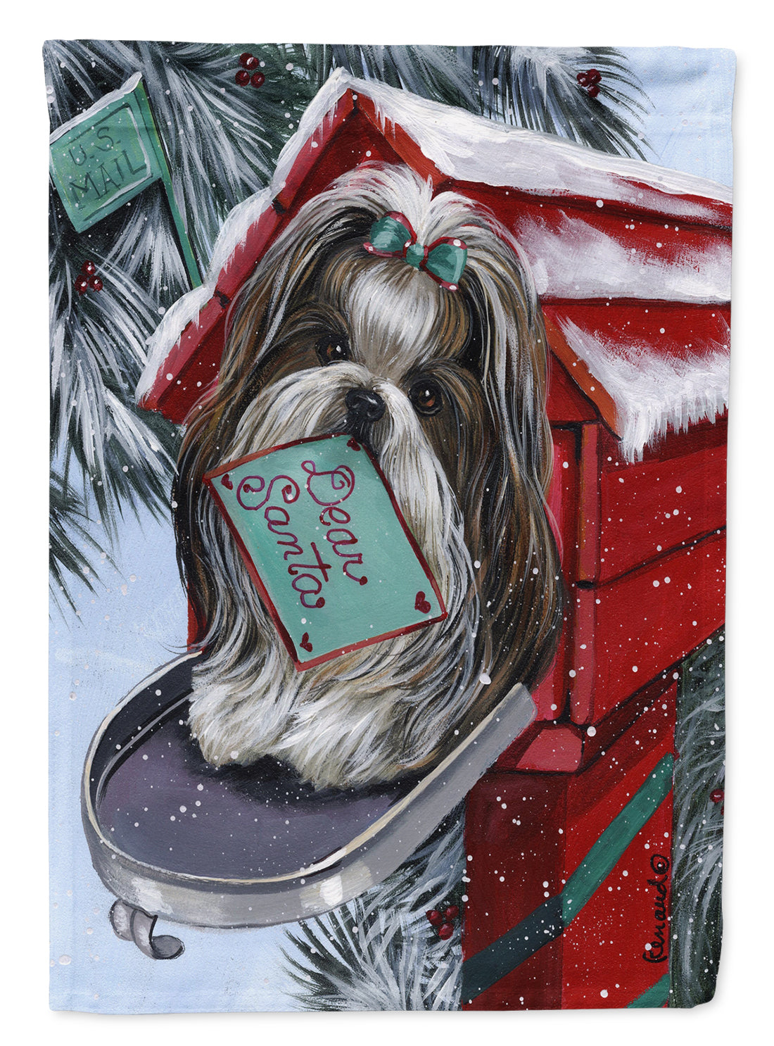 Shih Tzu Christmas Letter to Santa House Flag 28x40 Porch Sleeve Pole Decorative Outside Yard Banner Artwork Wall Hanging, Polyester