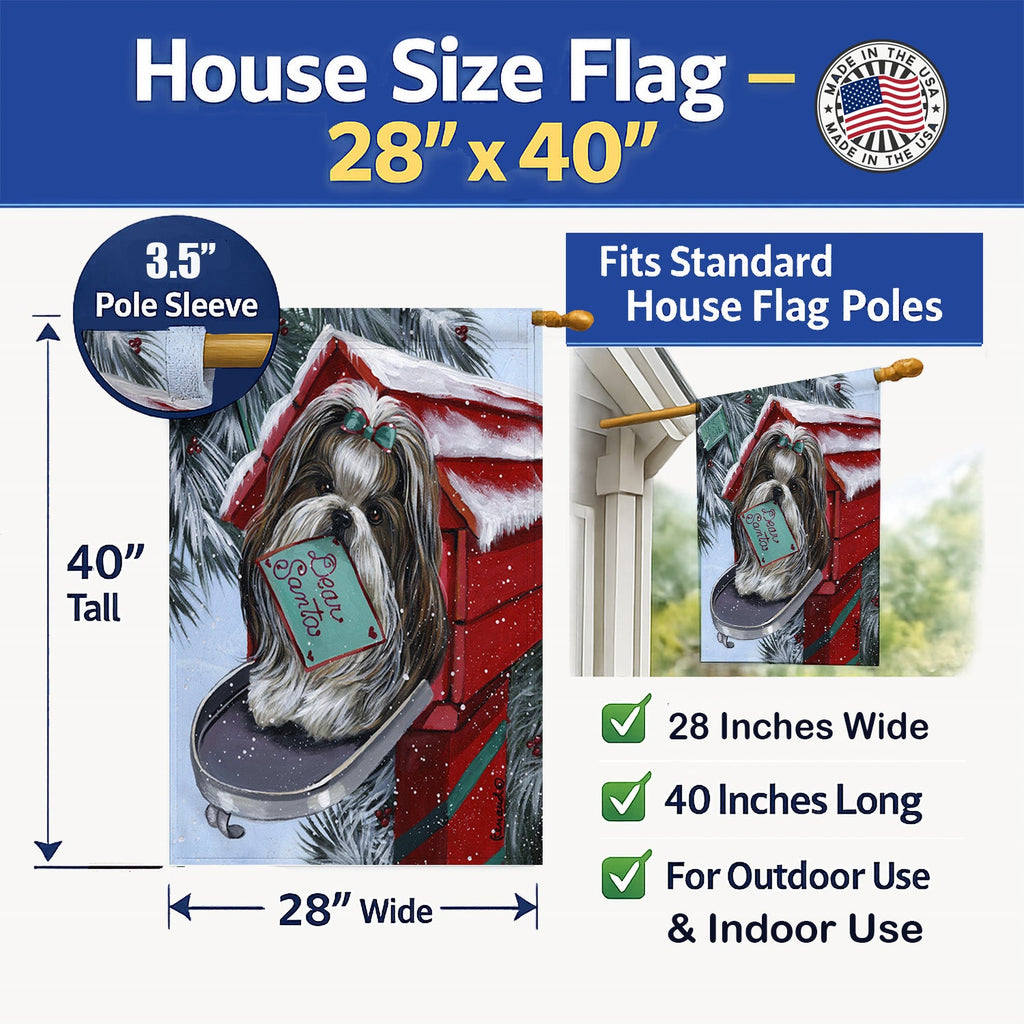 Shih Tzu Christmas Letter to Santa House Flag 28x40 Porch Sleeve Pole Decorative Outside Yard Banner Artwork Wall Hanging, Polyester