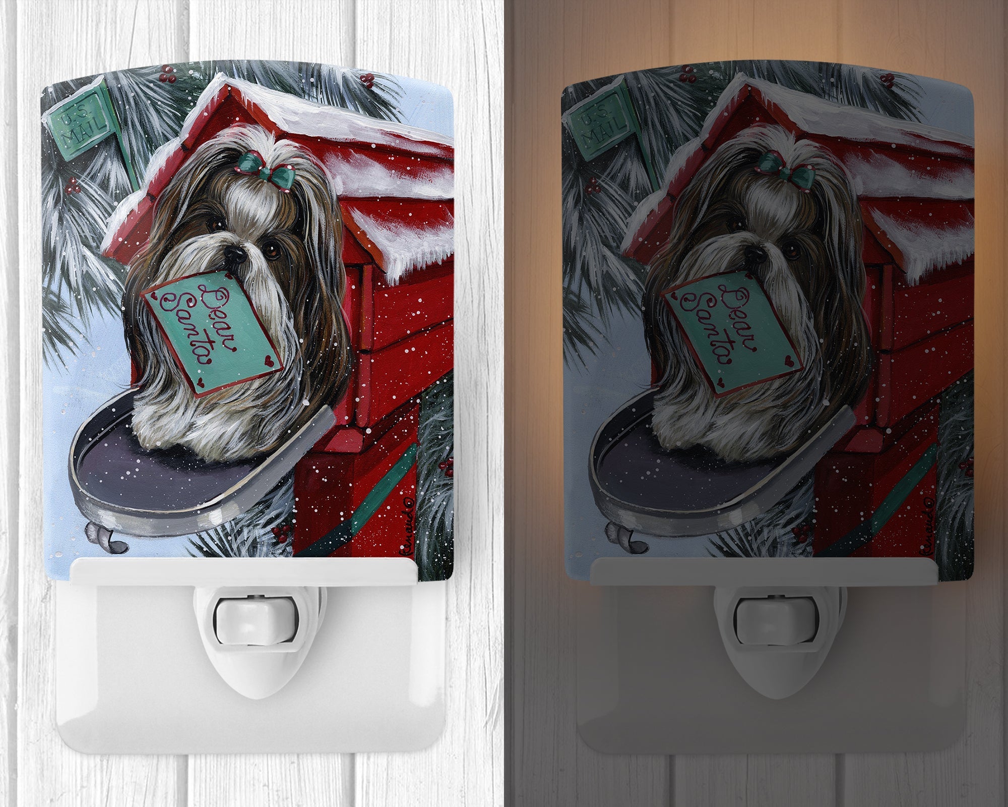 Shih Tzu Christmas Letter to Santa Ceramic Night Light Compact, UL-Certified, Ideal for Bedroom, Bathroom, Nursery, Hallway, Kitchen, 6x4x3, Multicolor