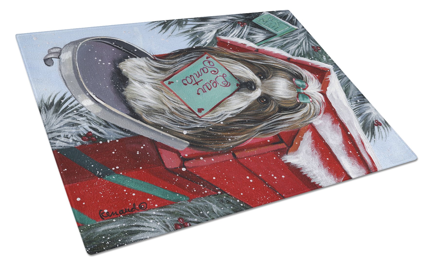 Shih Tzu Christmas Letter to Santa Cutting Board Tempered Glass Kitchen Cutting Surface, Heat Resistant Chopping, Non-Slip Feet, Food Prep & Serving