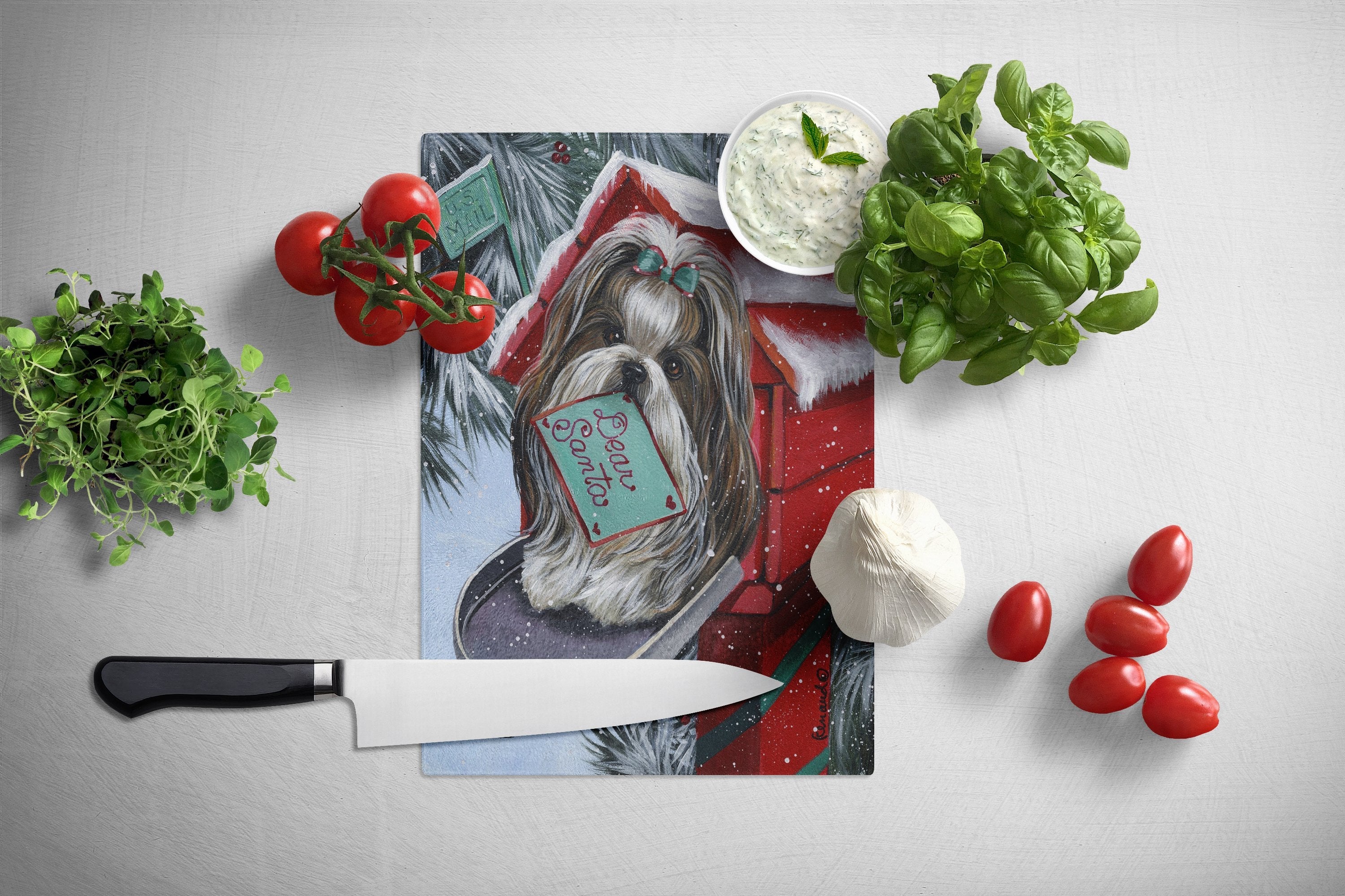 Shih Tzu Christmas Letter to Santa Cutting Board Tempered Glass Kitchen Cutting Surface, Heat Resistant Chopping, Non-Slip Feet, Food Prep & Serving