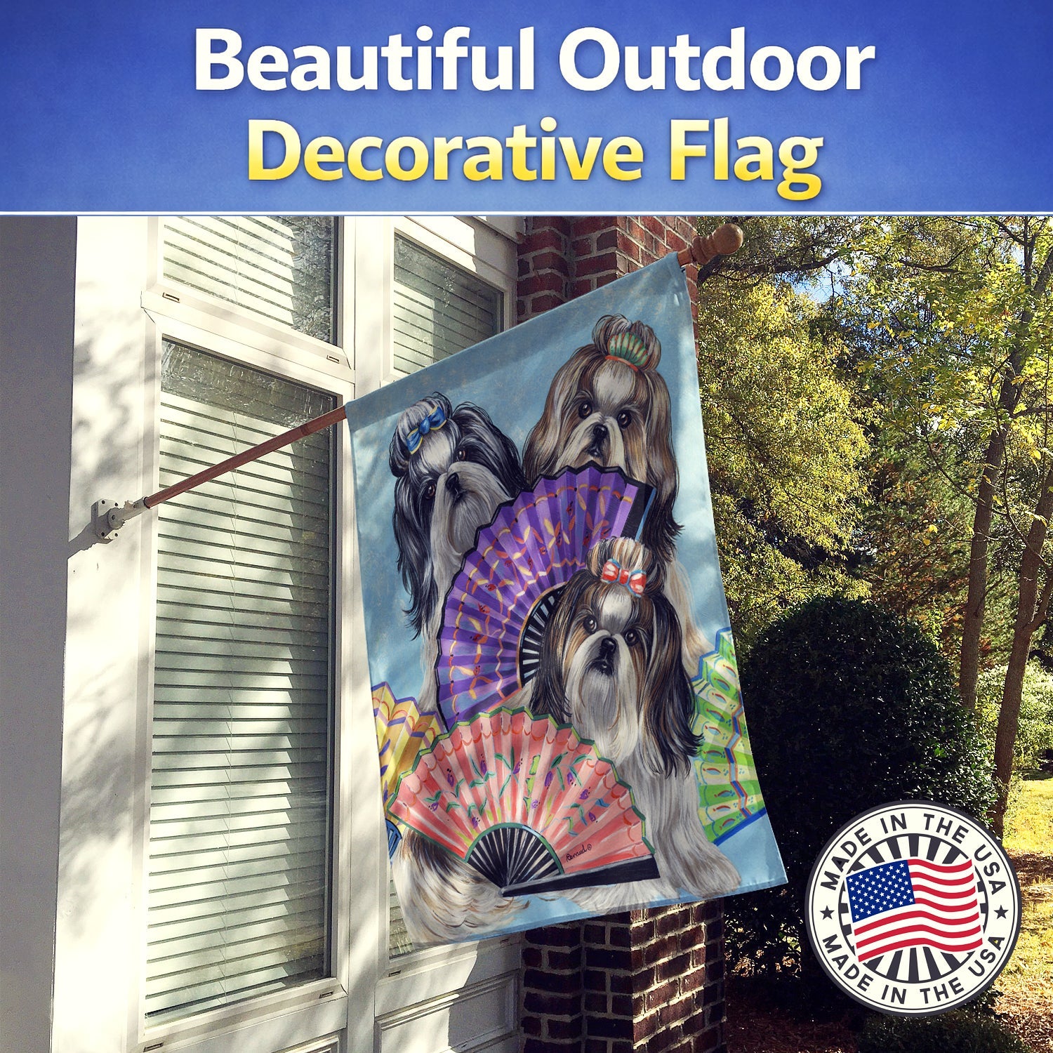 Shih Tzu Top Fans House Flag 28x40 Porch Sleeve Pole Decorative Outside Yard Banner Artwork Wall Hanging, Polyester