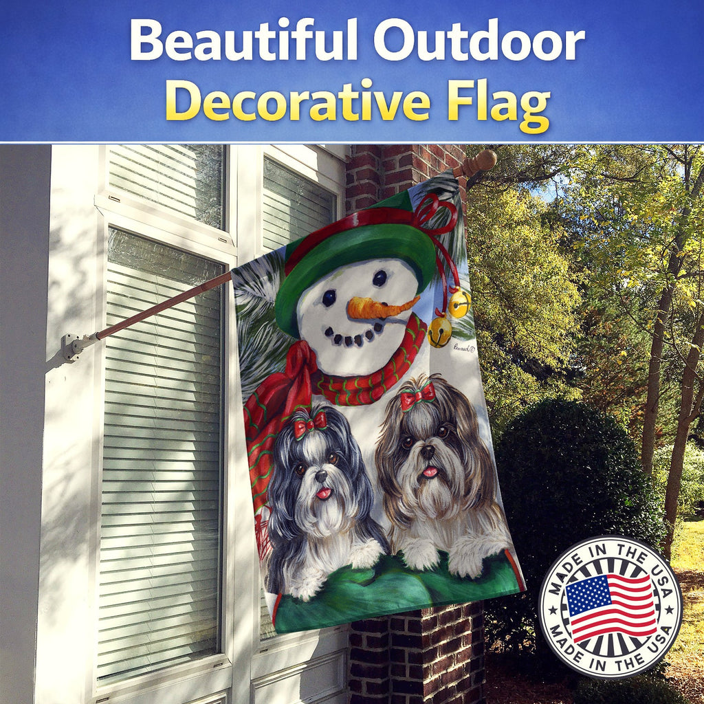 Shih Tzu Christmas Snowman House Flag 28x40 Porch Sleeve Pole Decorative Outside Yard Banner Artwork Wall Hanging, Polyester