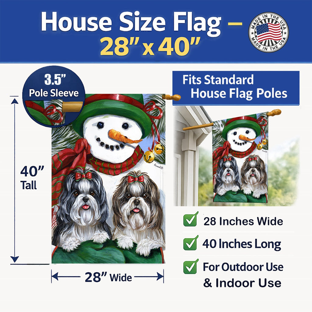 Shih Tzu Christmas Snowman House Flag 28x40 Porch Sleeve Pole Decorative Outside Yard Banner Artwork Wall Hanging, Polyester