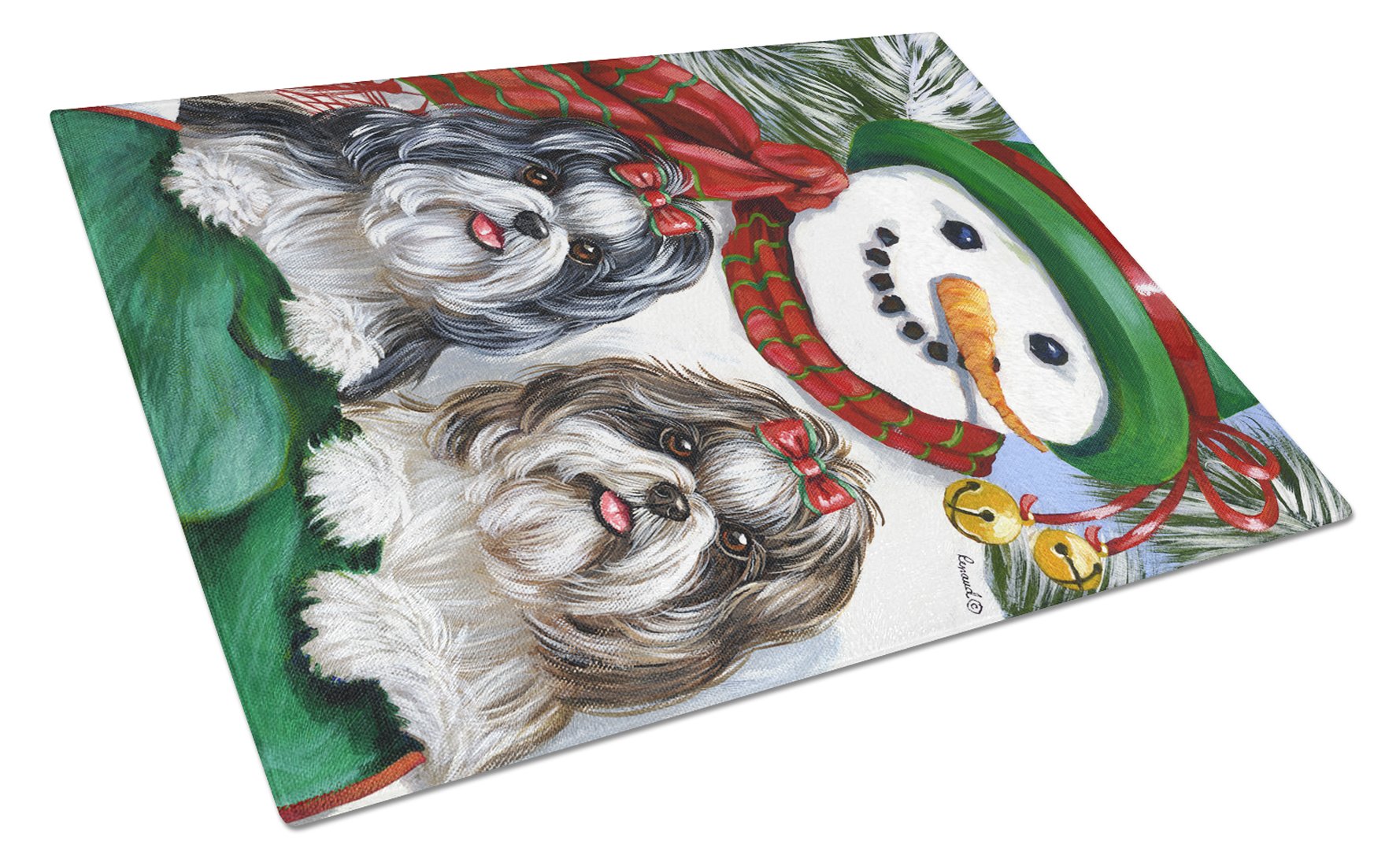 Shih Tzu Christmas Snowman Cutting Board Tempered Glass Kitchen Cutting Surface, Heat Resistant Chopping, Non-Slip Feet, Food Prep & Serving