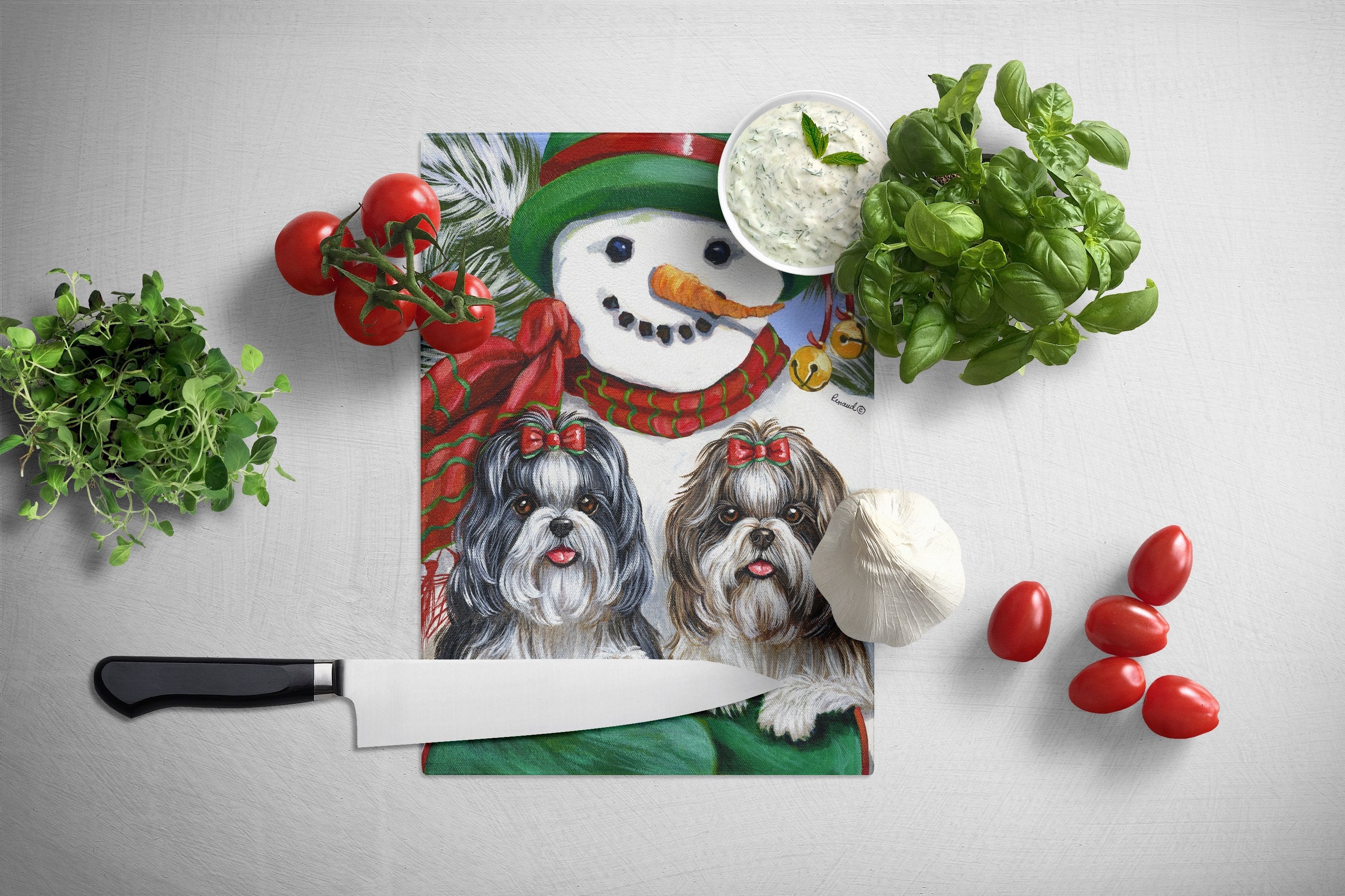 Shih Tzu Christmas Snowman Cutting Board Tempered Glass Kitchen Cutting Surface, Heat Resistant Chopping, Non-Slip Feet, Food Prep & Serving