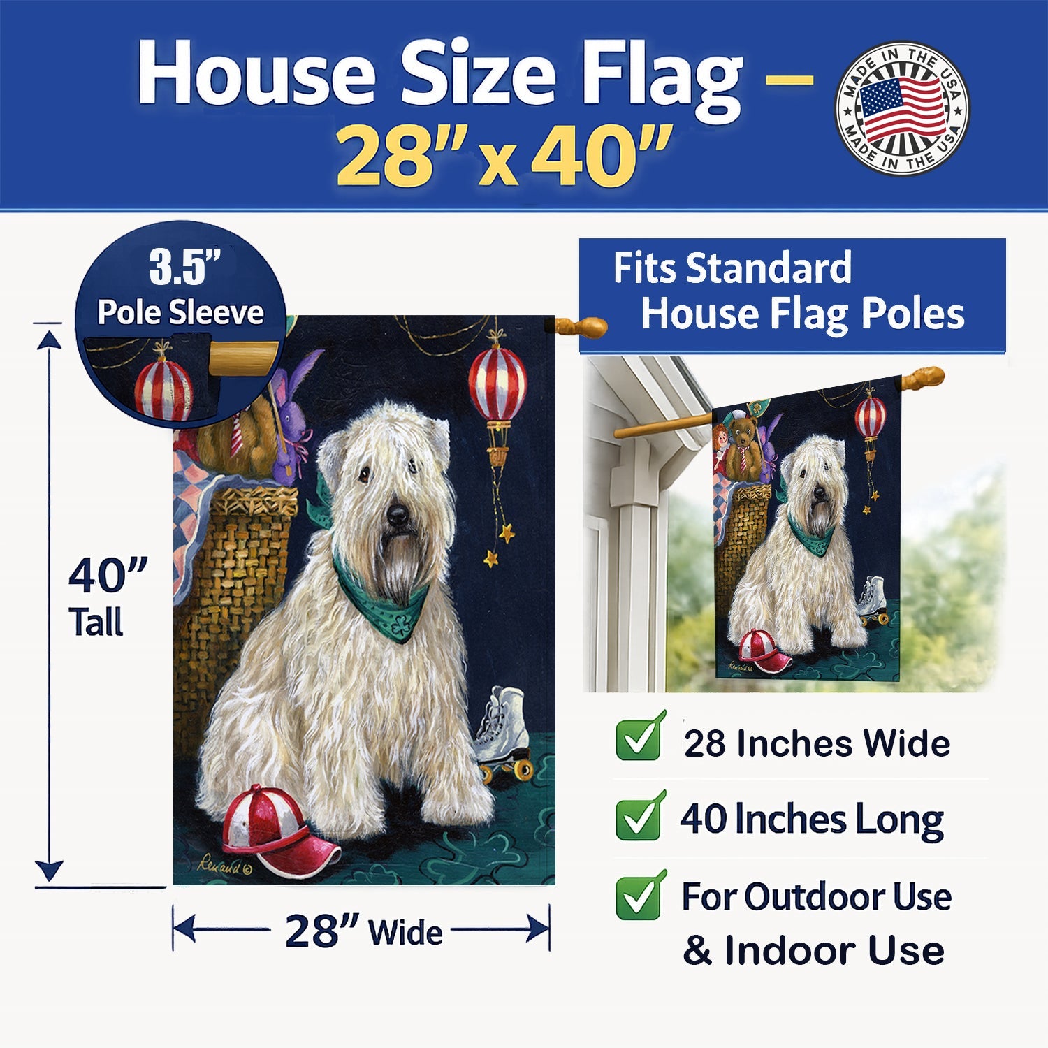 Wheaten Terrier Playroom House Flag 28x40 Porch Sleeve Pole Decorative Outside Yard Banner Artwork Wall Hanging, Polyester
