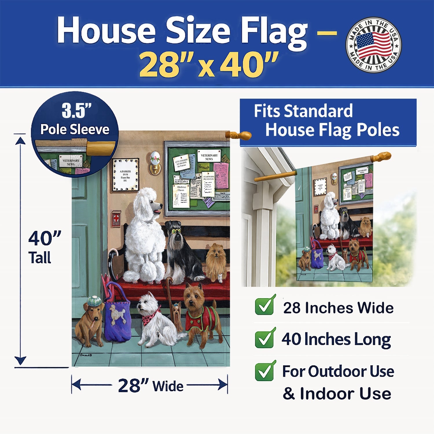 Dogs Vet Visit House Flag 28x40 Porch Sleeve Pole Decorative Outside Yard Banner Artwork Wall Hanging, Polyester
