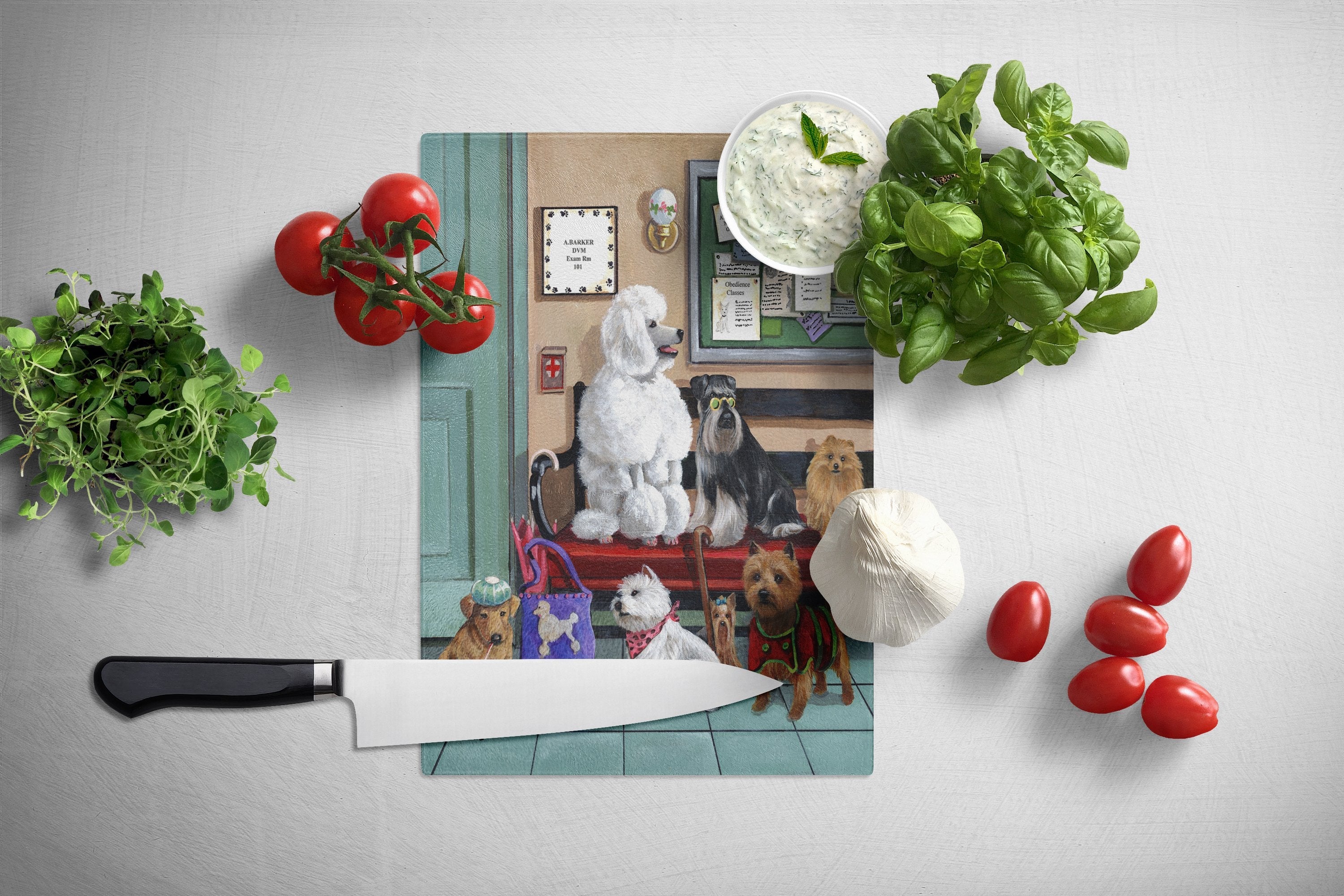 Dogs Vet Visit Cutting Board Tempered Glass Kitchen Cutting Surface, Heat Resistant Chopping, Non-Slip Feet, Food Prep & Serving