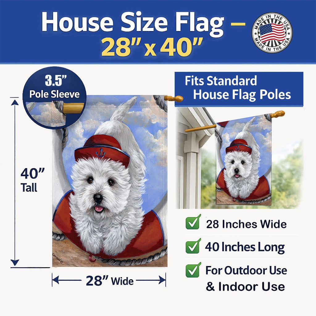 Westie Ahoy Sailor House Flag 28x40 Porch Sleeve Pole Decorative Outside Yard Banner Artwork Wall Hanging, Polyester