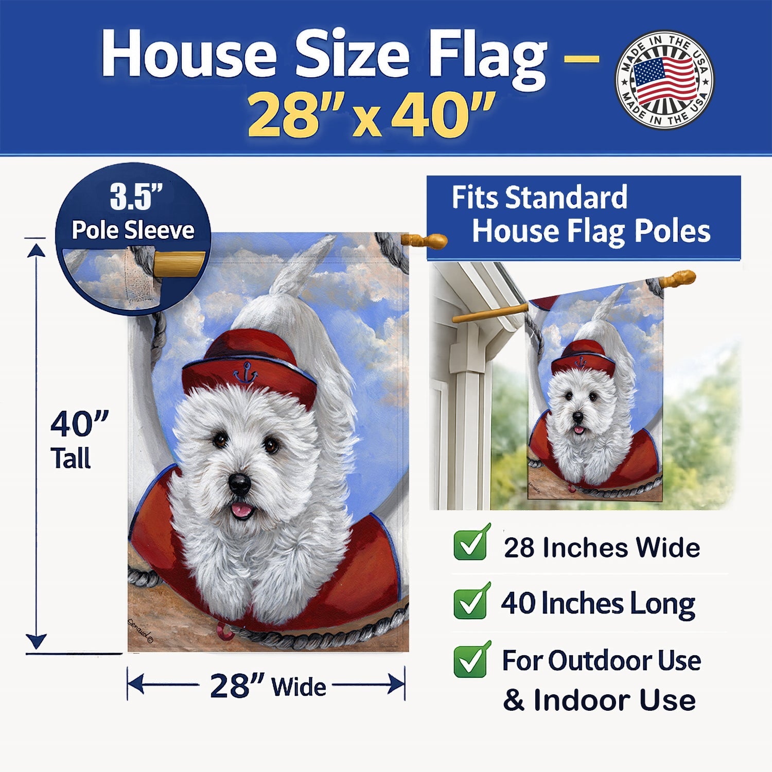 Westie Ahoy Sailor House Flag 28x40 Porch Sleeve Pole Decorative Outside Yard Banner Artwork Wall Hanging, Polyester