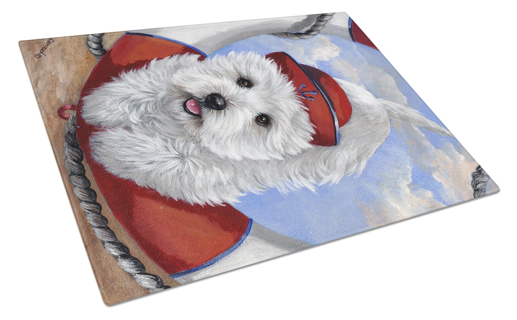 Westie Ahoy Sailor Cutting Board Tempered Glass Kitchen Cutting Surface, Heat Resistant Chopping, Non-Slip Feet, Food Prep & Serving