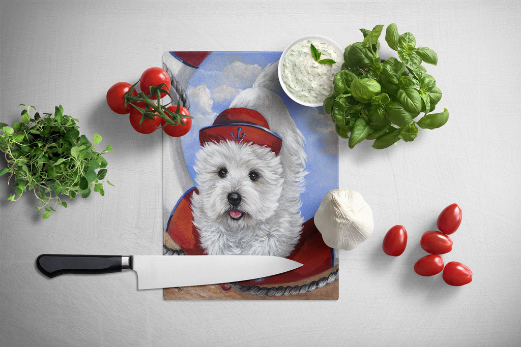 Westie Ahoy Sailor Cutting Board Tempered Glass Kitchen Cutting Surface, Heat Resistant Chopping, Non-Slip Feet, Food Prep & Serving