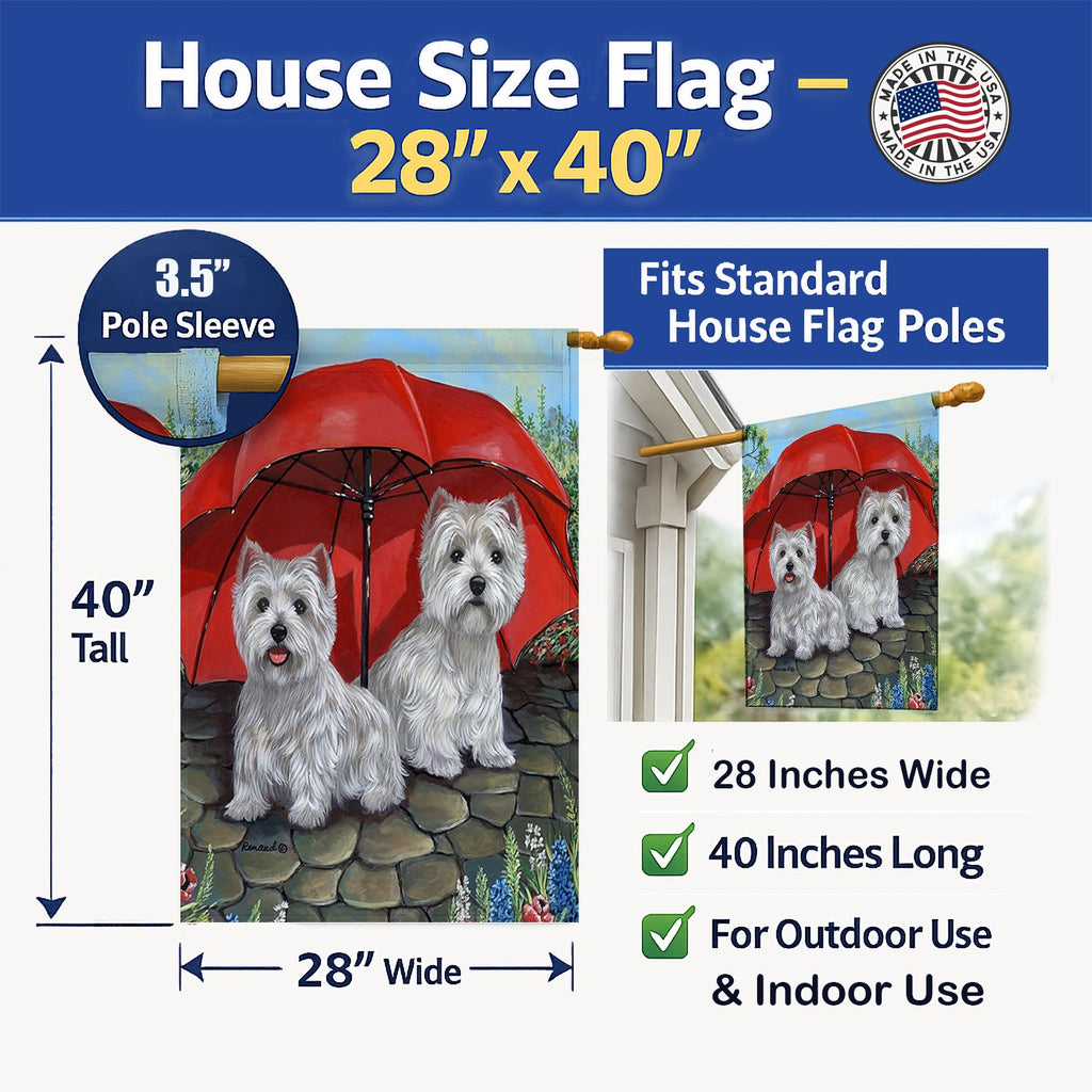 Westie April Showers House Flag 28x40 Porch Sleeve Pole Decorative Outside Yard Banner Artwork Wall Hanging, Polyester