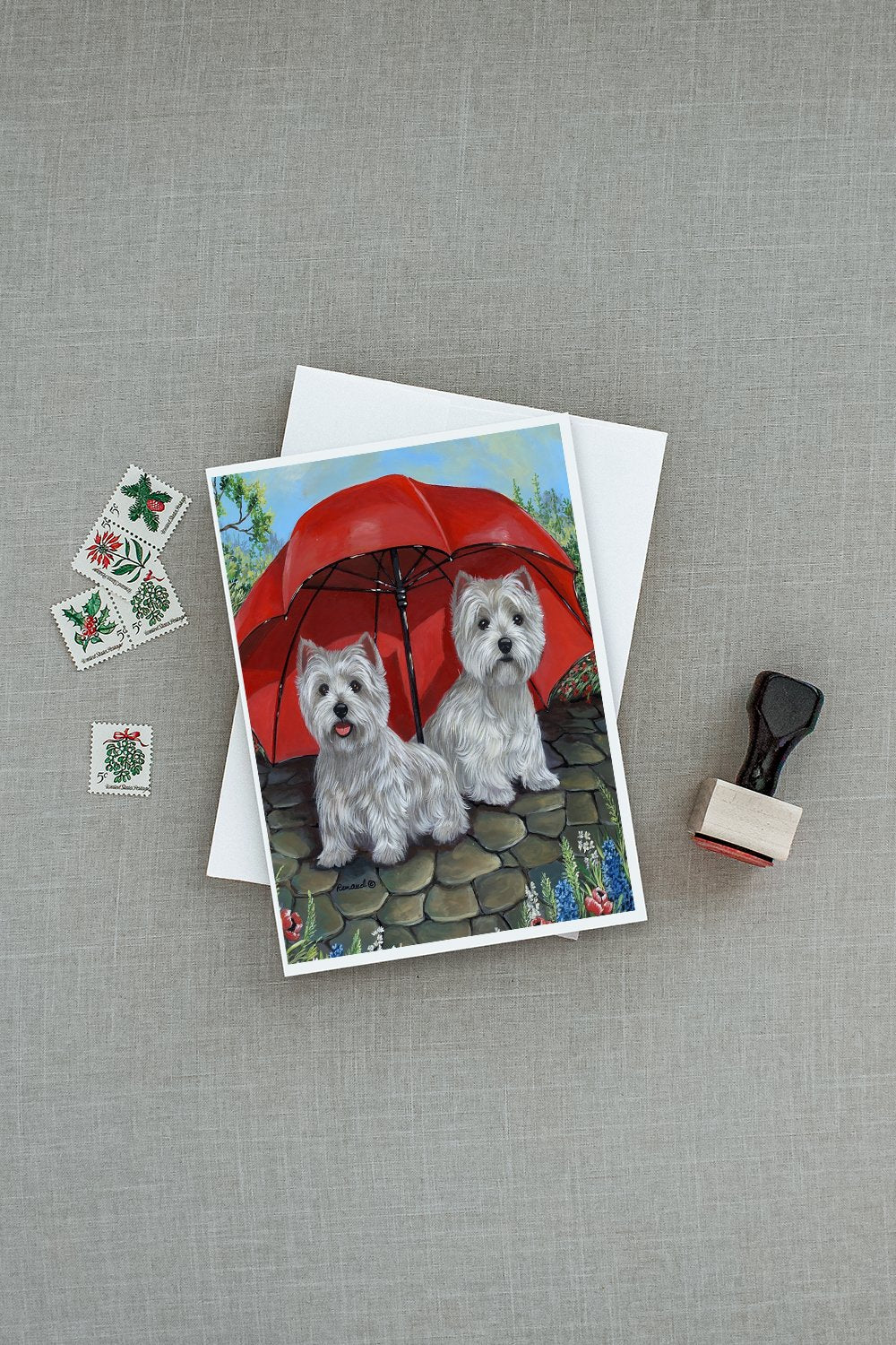 Westie April Showers Greeting Cards Pack of 8 Blank Cards with Envelopes Whimsical A7 Size 5x7