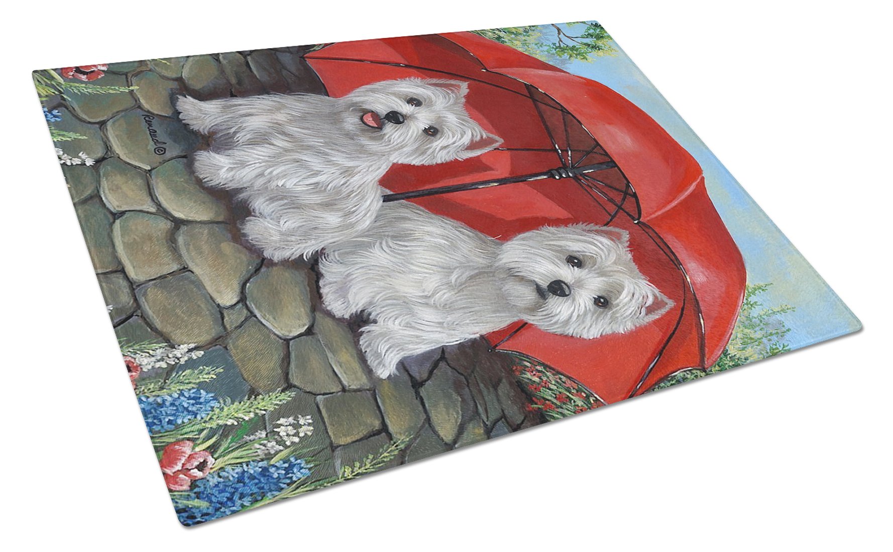 Westie April Showers Cutting Board Tempered Glass Kitchen Cutting Surface, Heat Resistant Chopping, Non-Slip Feet, Food Prep & Serving