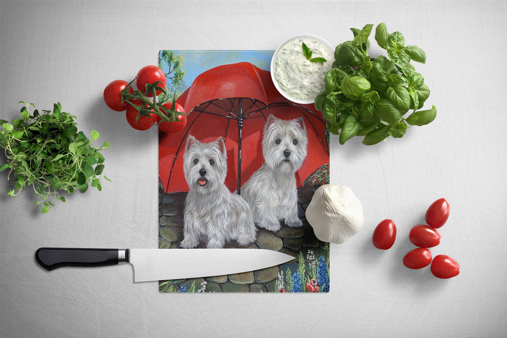 Westie April Showers Cutting Board Tempered Glass Kitchen Cutting Surface, Heat Resistant Chopping, Non-Slip Feet, Food Prep & Serving
