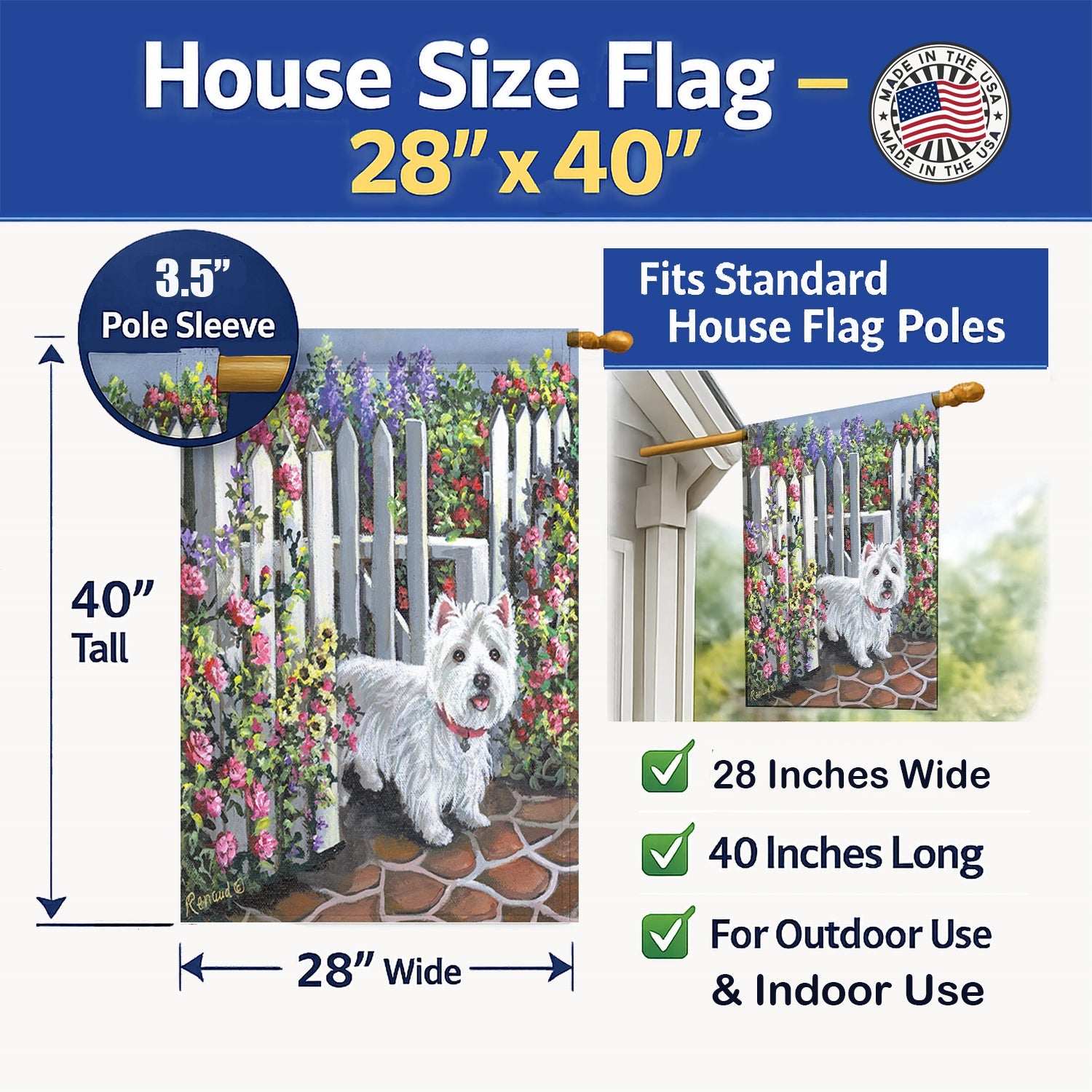 Westie At the Gate House Flag 28x40 Porch Sleeve Pole Decorative Outside Yard Banner Artwork Wall Hanging, Polyester