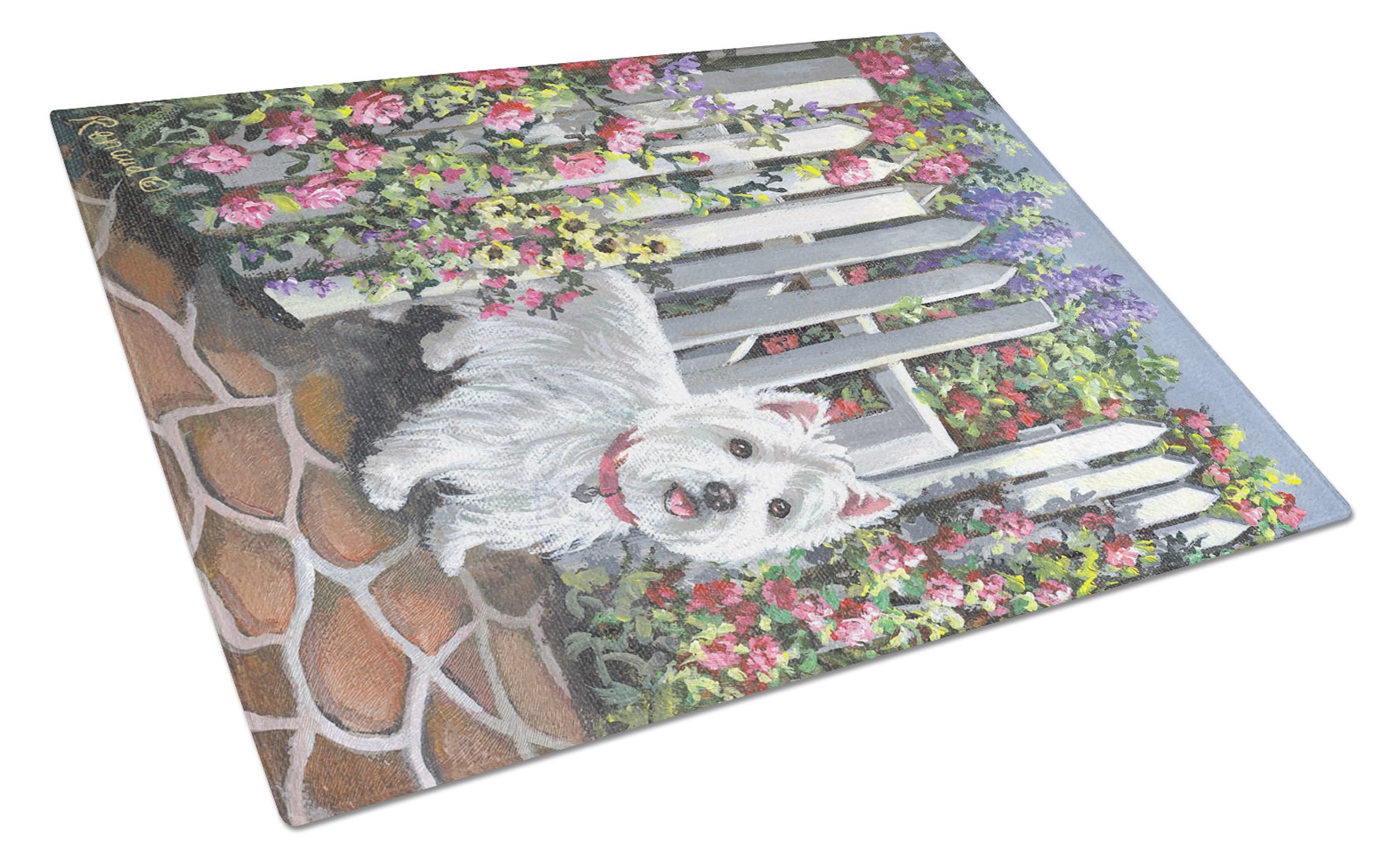 Westie At the Gate Cutting Board Tempered Glass Kitchen Cutting Surface, Heat Resistant Chopping, Non-Slip Feet, Food Prep & Serving