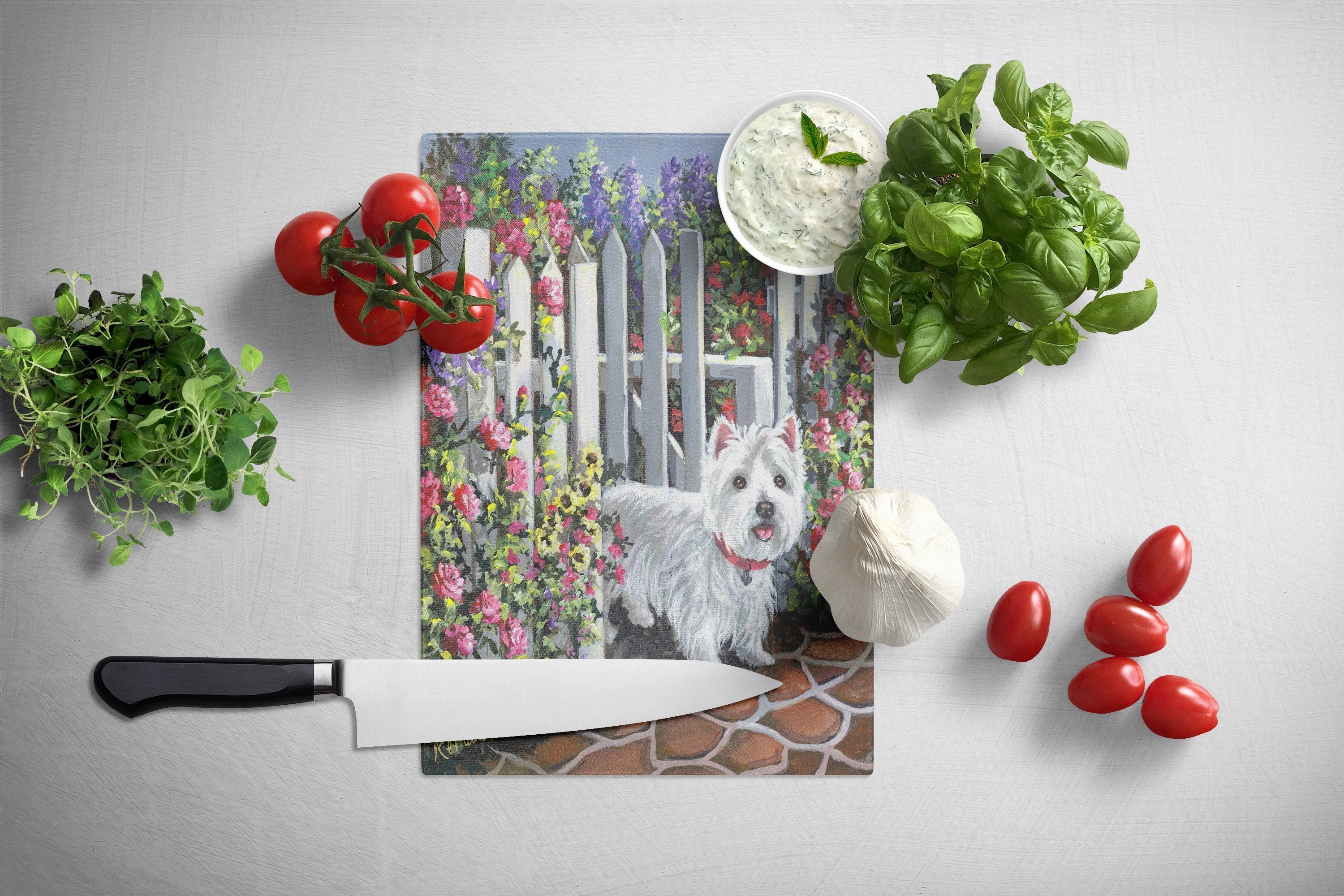 Westie At the Gate Cutting Board Tempered Glass Kitchen Cutting Surface, Heat Resistant Chopping, Non-Slip Feet, Food Prep & Serving
