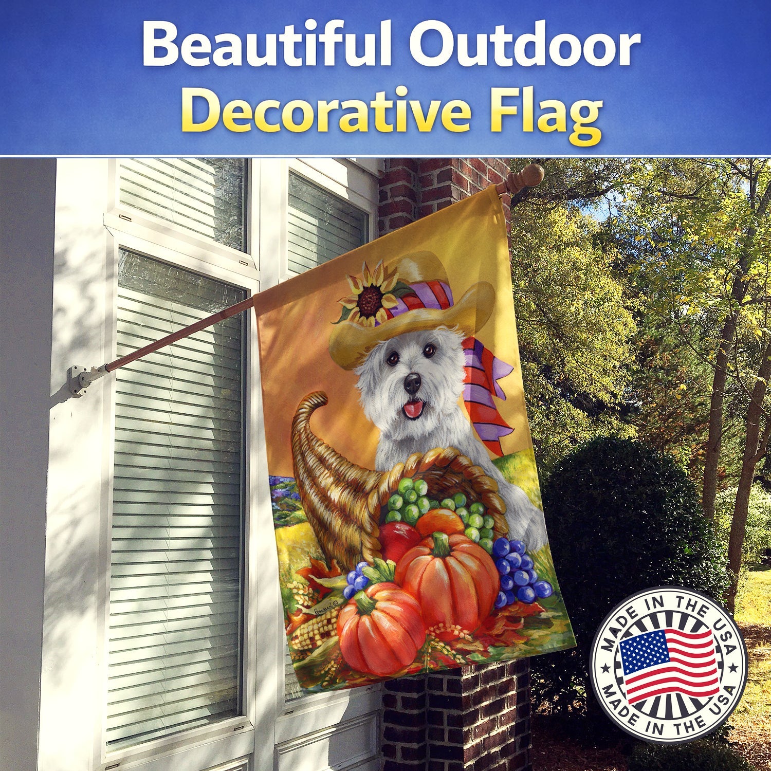Westie Autumn House Flag 28x40 Porch Sleeve Pole Decorative Outside Yard Banner Artwork Wall Hanging, Polyester