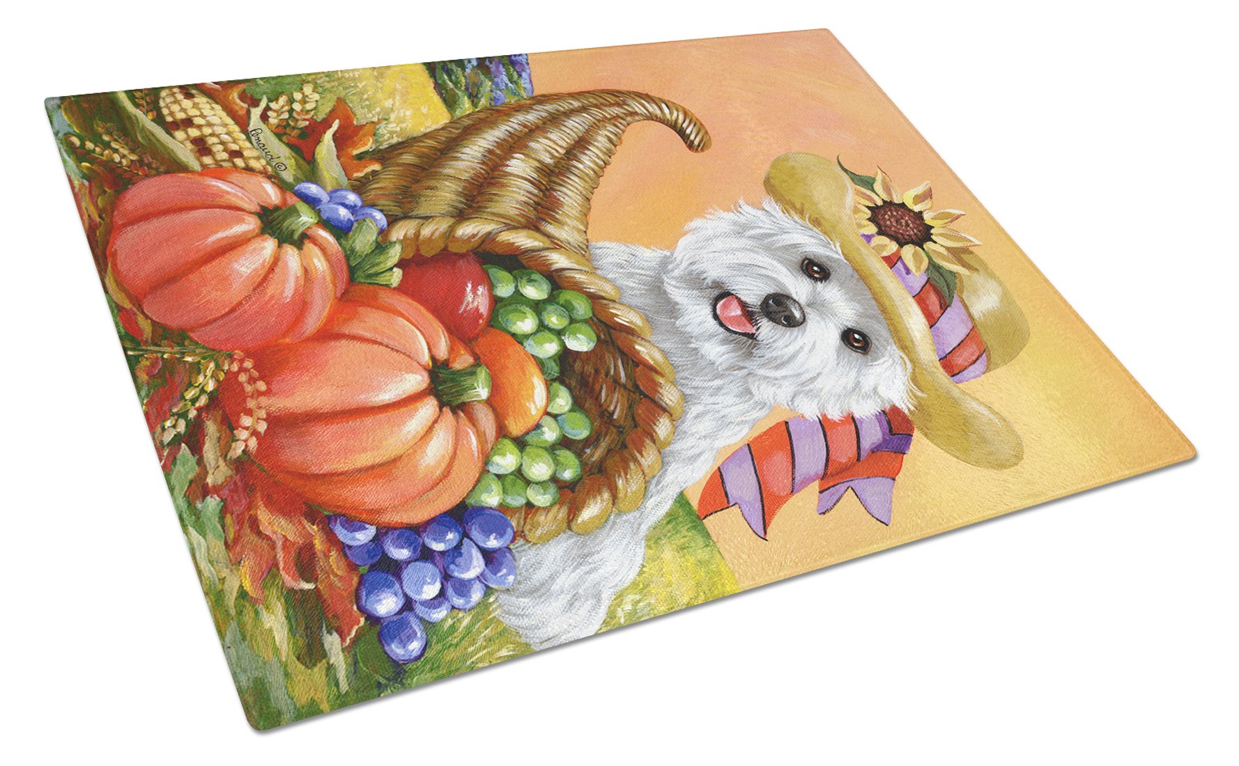 Westie Autumn Cutting Board Tempered Glass Kitchen Cutting Surface, Heat Resistant Chopping, Non-Slip Feet, Food Prep & Serving