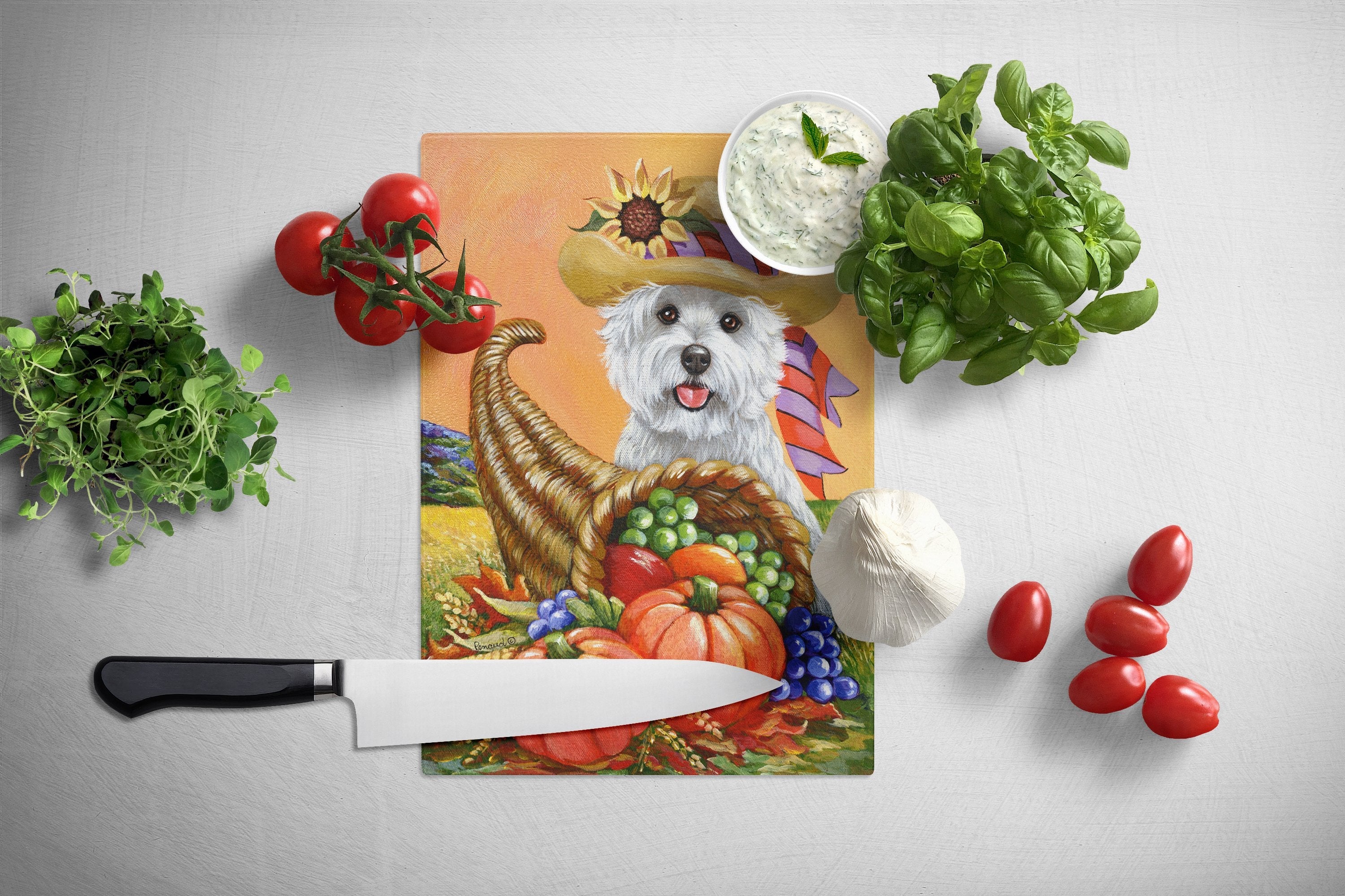 Westie Autumn Cutting Board Tempered Glass Kitchen Cutting Surface, Heat Resistant Chopping, Non-Slip Feet, Food Prep & Serving