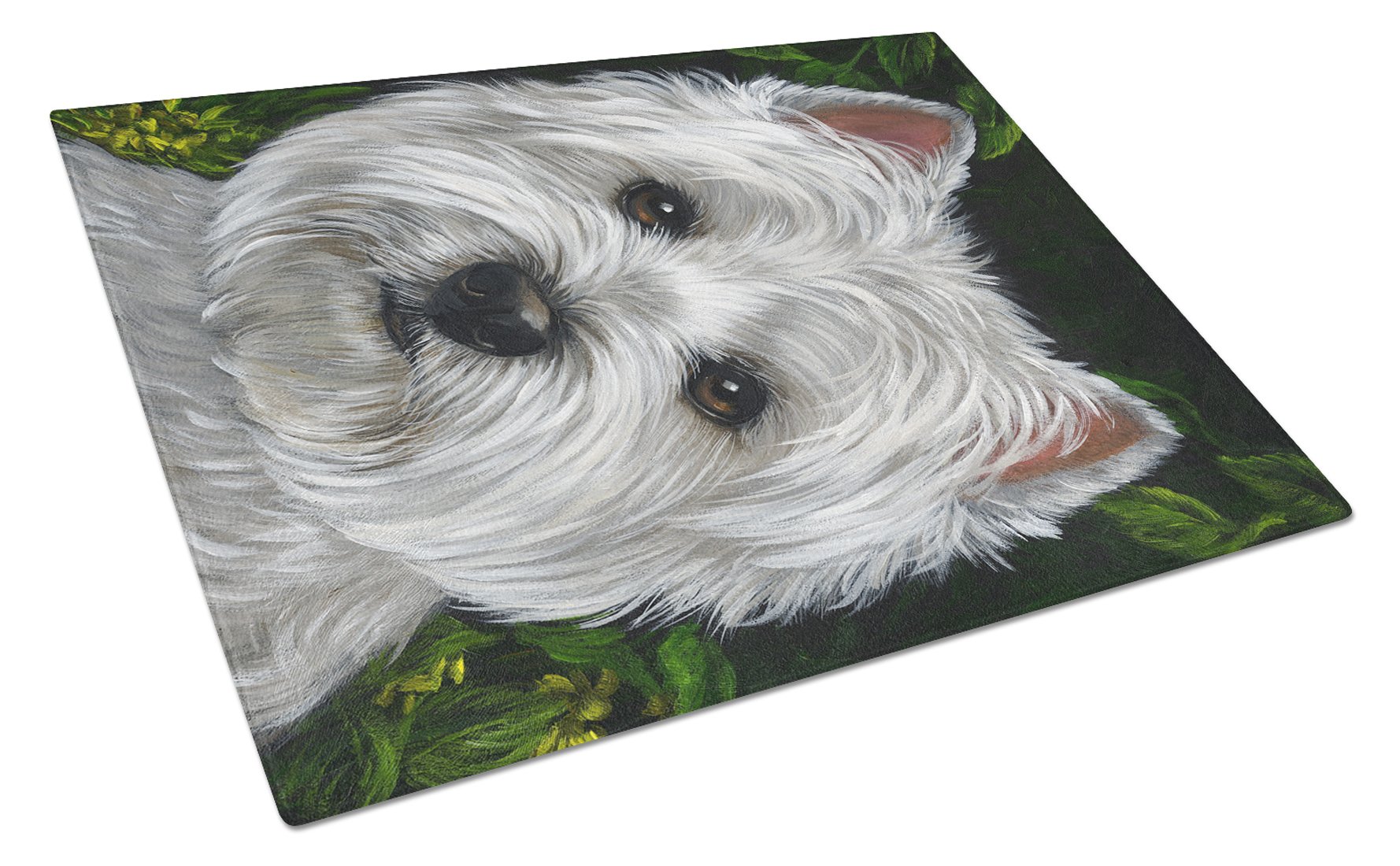 Westie Baby Face Cutting Board Tempered Glass Kitchen Cutting Surface, Heat Resistant Chopping, Non-Slip Feet, Food Prep & Serving