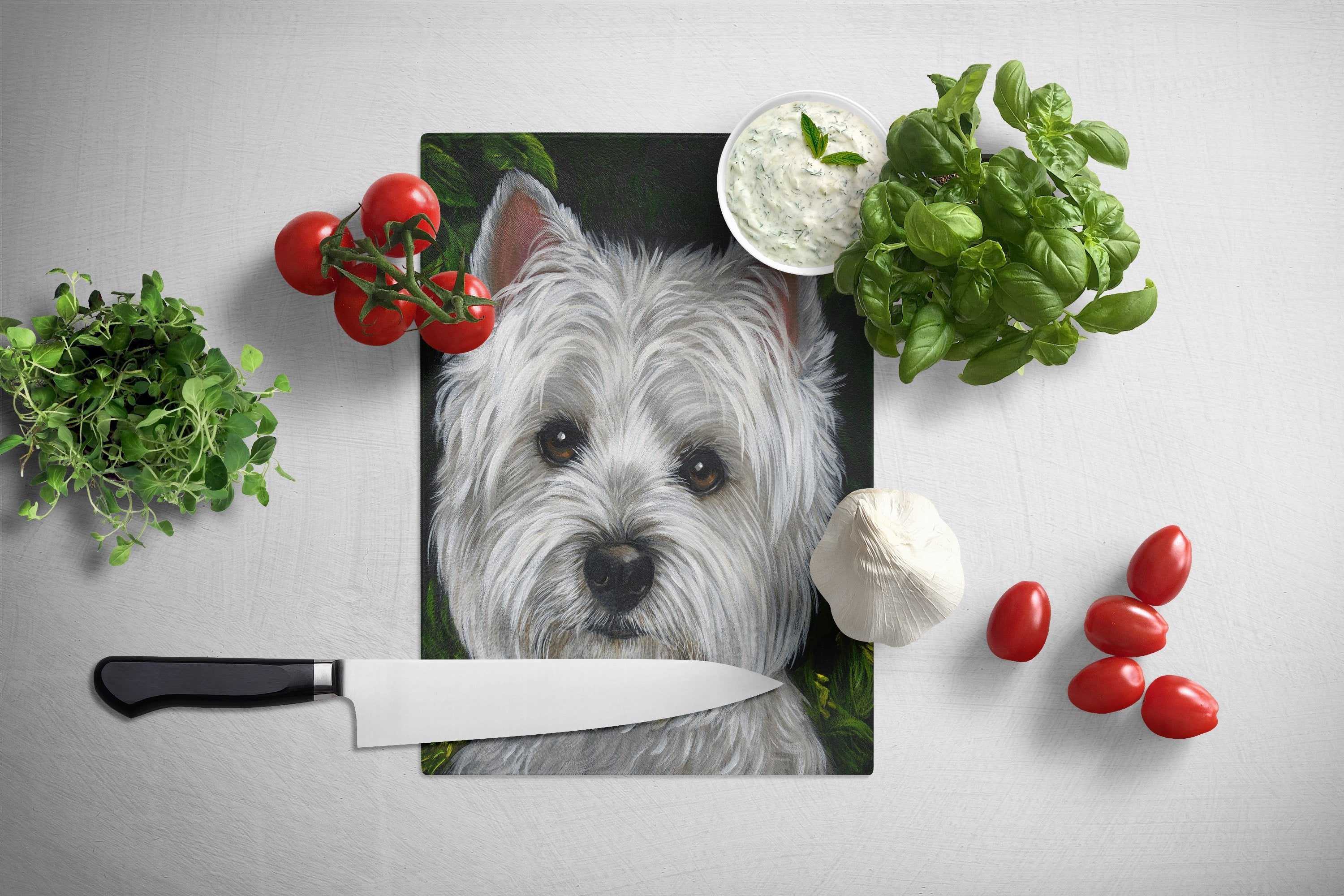 Westie Baby Face Cutting Board Tempered Glass Kitchen Cutting Surface, Heat Resistant Chopping, Non-Slip Feet, Food Prep & Serving