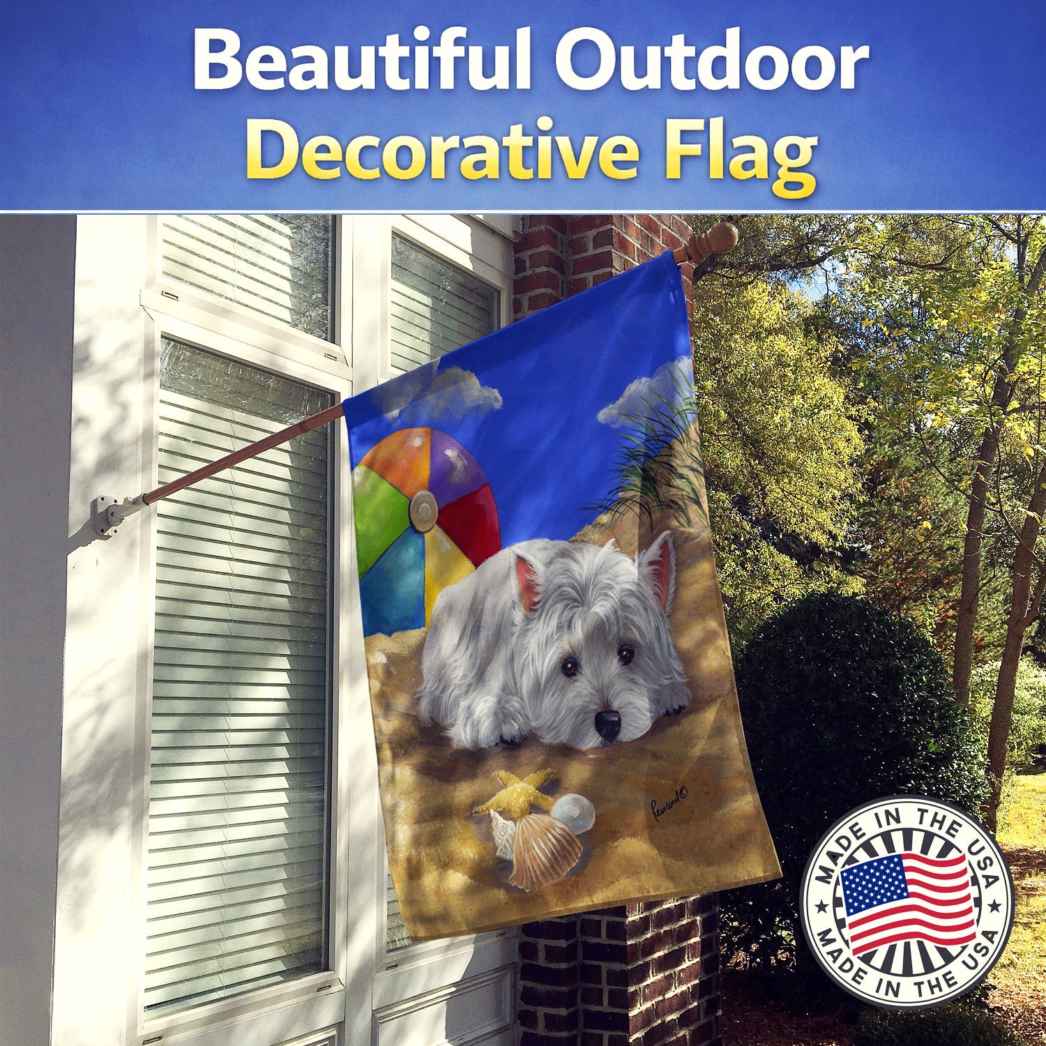 Westie Beach Baby House Flag 28x40 Porch Sleeve Pole Decorative Outside Yard Banner Artwork Wall Hanging, Polyester