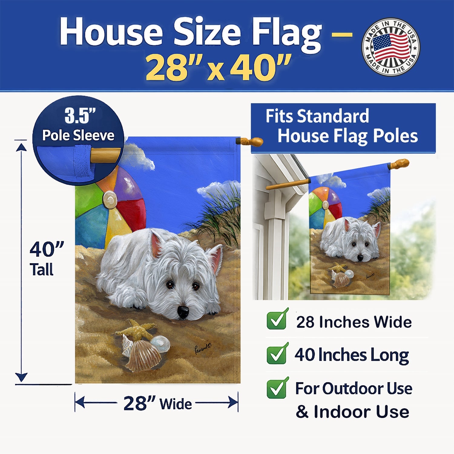 Westie Beach Baby House Flag 28x40 Porch Sleeve Pole Decorative Outside Yard Banner Artwork Wall Hanging, Polyester