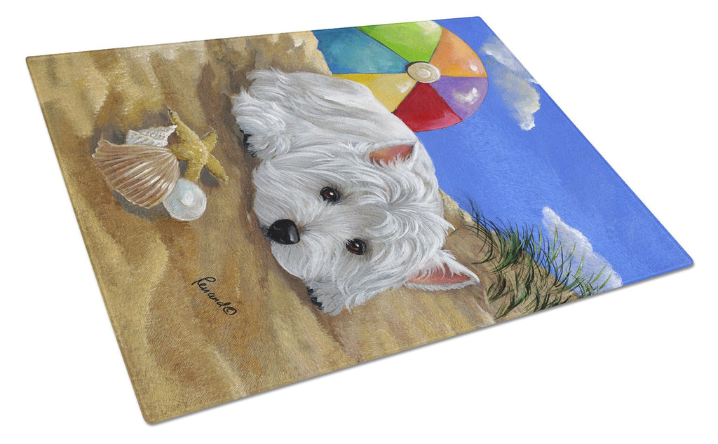 Westie Beach Baby Cutting Board Tempered Glass Kitchen Cutting Surface, Heat Resistant Chopping, Non-Slip Feet, Food Prep & Serving