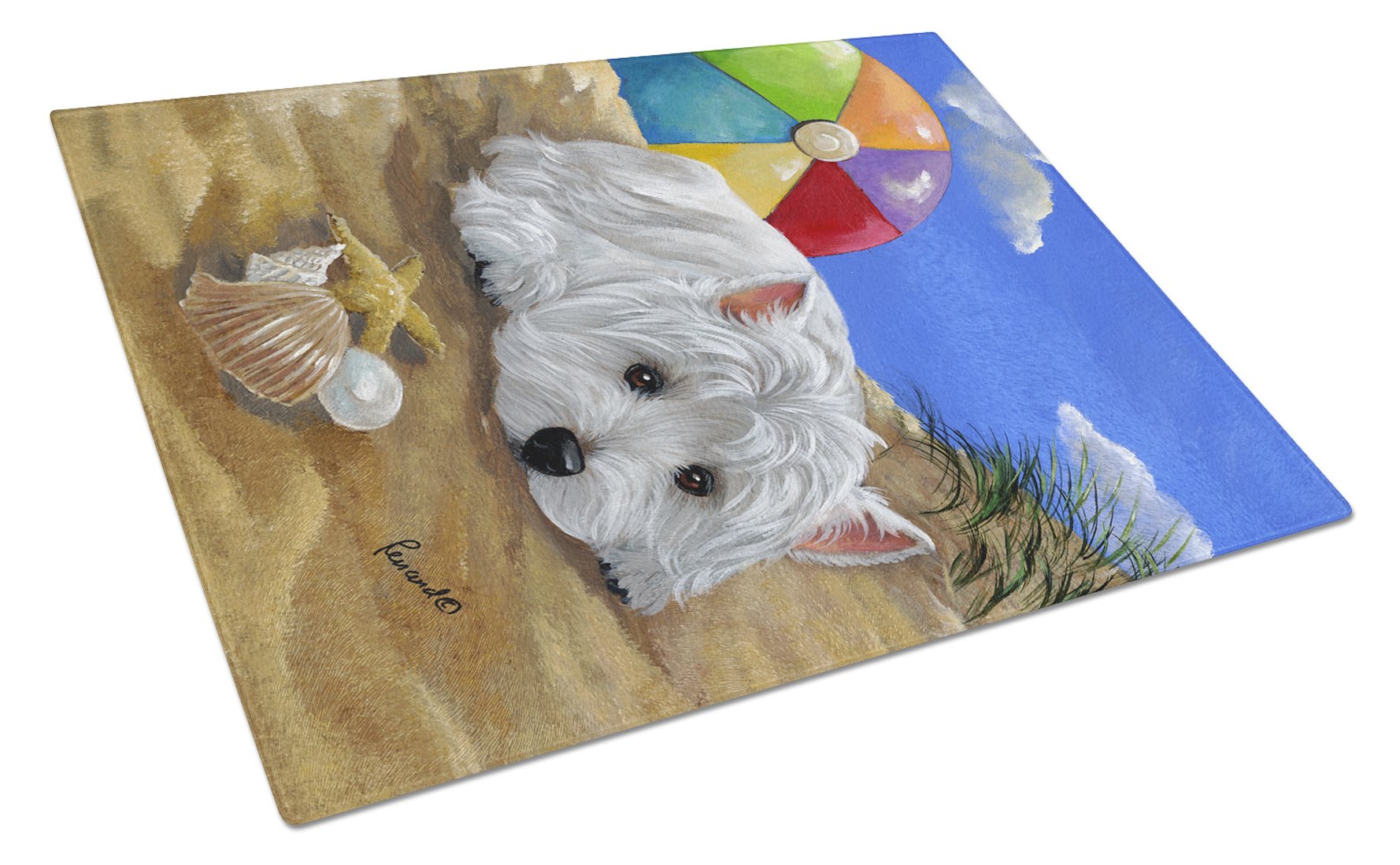 Westie Beach Baby Cutting Board Tempered Glass Kitchen Cutting Surface, Heat Resistant Chopping, Non-Slip Feet, Food Prep & Serving