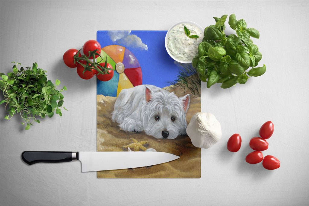 Westie Beach Baby Cutting Board Tempered Glass Kitchen Cutting Surface, Heat Resistant Chopping, Non-Slip Feet, Food Prep & Serving