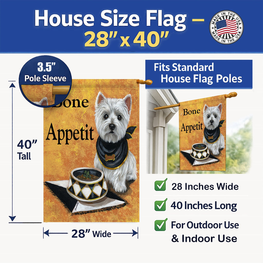 Westie Bone Appetit House Flag 28x40 Porch Sleeve Pole Decorative Outside Yard Banner Artwork Wall Hanging, Polyester