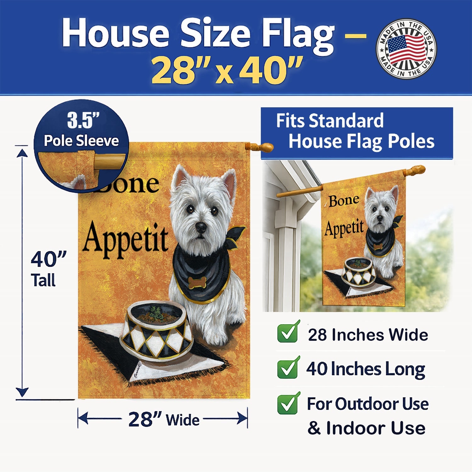 Westie Bone Appetit House Flag 28x40 Porch Sleeve Pole Decorative Outside Yard Banner Artwork Wall Hanging, Polyester