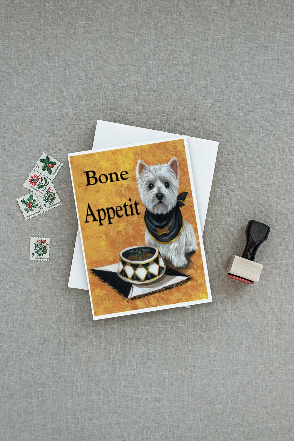 Westie Bone Appetit Greeting Cards Pack of 8 Blank Cards with Envelopes Whimsical A7 Size 5x7