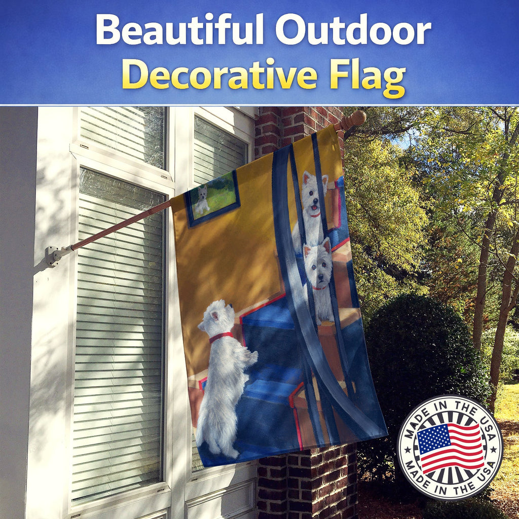Westie Going Up House Flag 28x40 Porch Sleeve Pole Decorative Outside Yard Banner Artwork Wall Hanging, Polyester