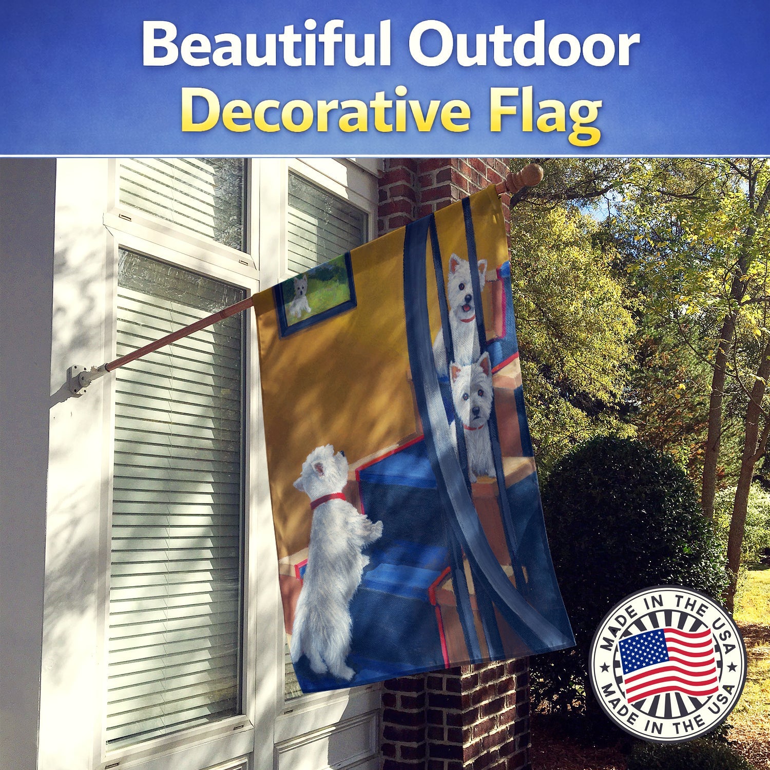 Westie Going Up House Flag 28x40 Porch Sleeve Pole Decorative Outside Yard Banner Artwork Wall Hanging, Polyester